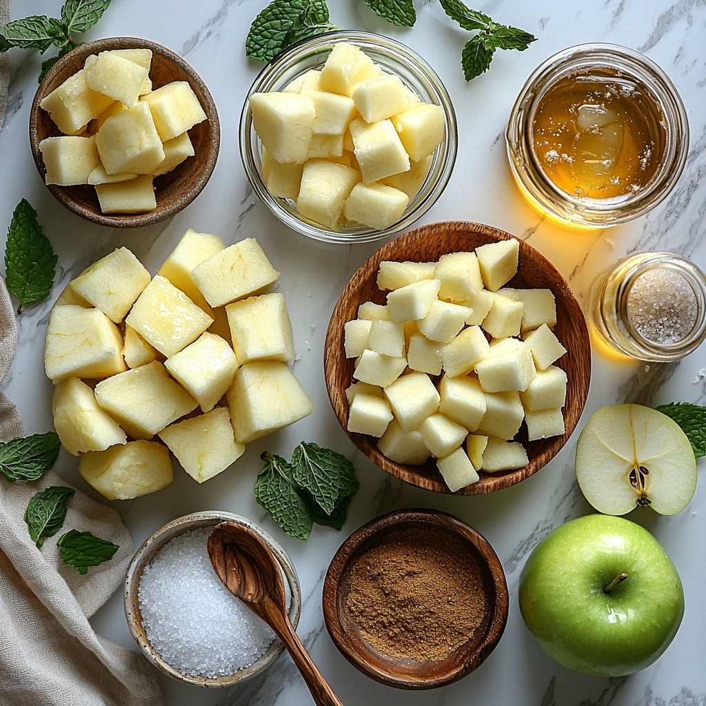 Granny Smith apples peeled and cored, sliced into uniform wedges with bright green skin and crisp white flesh; two unopened cans of crescent roll dough with smooth pale golden packaging; a small glass bowl filled with unsalted butter, soft and glossy; a wooden spoon resting beside a white ceramic bowl containing granulated sugar sparkling like tiny crystals; cinnamon and nutmeg spices in small rustic ceramic bowls showing warm brown and earthy tones; a glass bottle of vanilla extract with amber liquid inside; a clear glass filled with fizzy lemon-lime soda, bubbles rising to the surface; a small pinch of salt displayed on a delicate porcelain spoon; a tiny bowl with cinnamon sugar mixture, fine and golden; all ingredients meticulously arranged on a clean white marble surface with natural light casting soft shadows, accentuating textures and vibrant colors, styled with minimal props such as a linen napkin and sprigs of fresh mint for freshness, overhead shot, top down view, flat lay photography, professional food styling --ar 1:1 --q 2 --s 750 --v 6.1