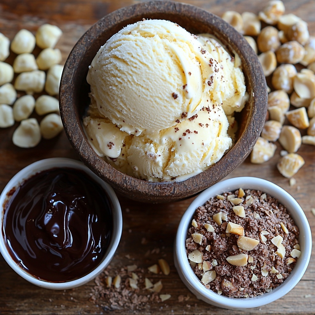 Chocolate cookie crumbs finely crushed in a small rustic bowl, melted unsalted butter in a clear glass measuring cup, a scoop of creamy macadamia nut ice cream slightly softened with visible nut pieces, a clean white bowl of fluffy whipped cream dusted with powdered sugar, a small dish of rich, glossy hot fudge sauce, a small white ramekin filled with chopped macadamia nuts scattered nearby, ingredients arranged neatly on a smooth light wooden surface with soft natural lighting enhancing warm brown, creamy white, and chocolate tones, subtle shadows adding depth, minimalistic and airy styling with a sprinkle of cookie crumbs and nuts artistically placed around the bowls for texture contrast, a gentle rustic vibe with clean lines and fresh aesthetic, overhead shot, top down view, flat lay photography, professional food styling --ar 1:1 --q 2 --s 750 --v 6.1