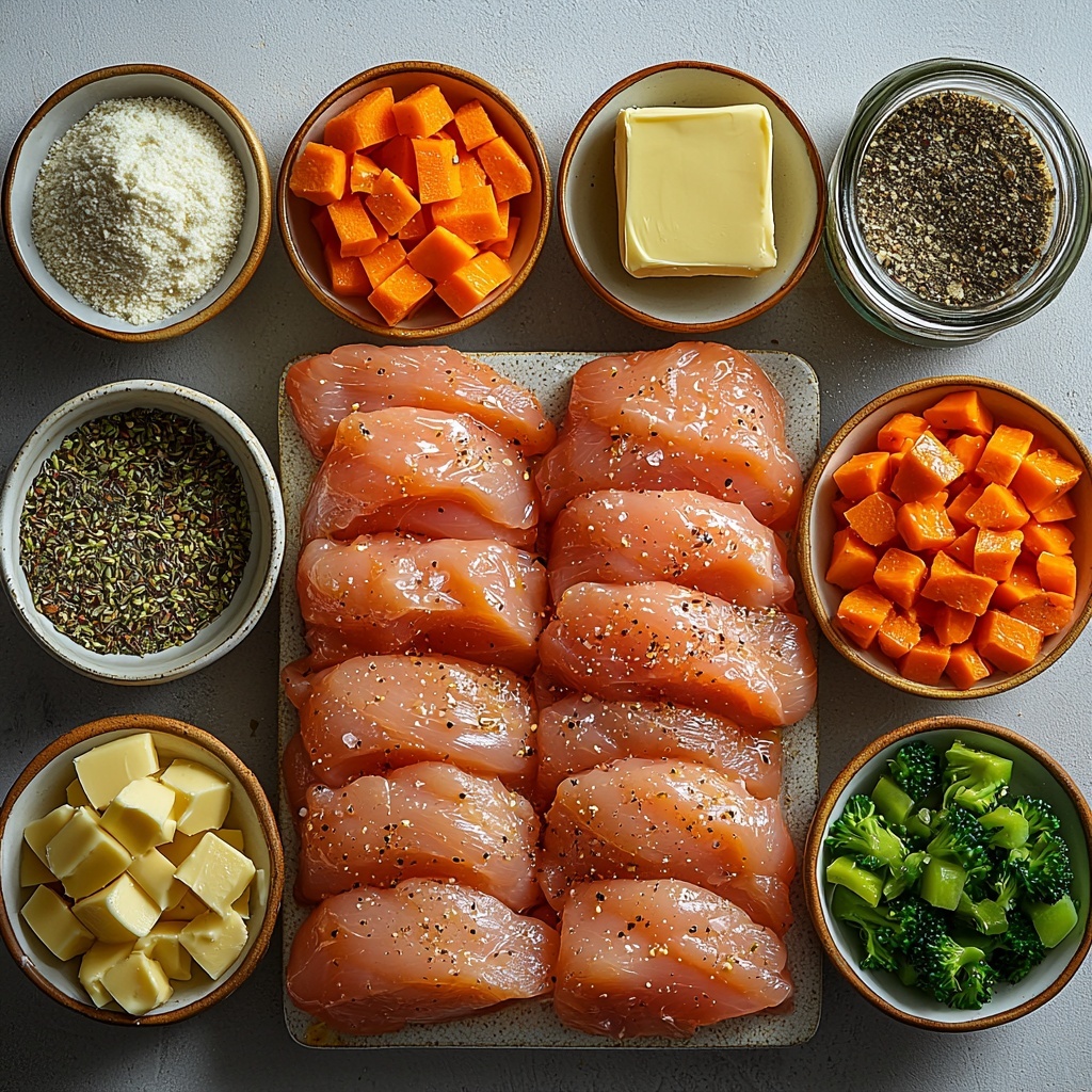 boneless skinless chicken breasts halved, glistening raw chicken with fresh texture; small bowl of golden olive oil; five tablespoons of salted butter in a small vintage dish, creamy and smooth; diced yellow onion with translucent edges, diced bright orange carrot, and diced pale green celery stalks neatly separated in small white ramekins; minced garlic cloves in a tiny ceramic bowl showing fine texture; fresh chopped broccoli florets vibrant green and crisp; small bowls with light brown Kinder’s The Blend seasoning, fine salt, black peppercorns, garlic powder, onion powder, and herbes de Provence arranged in a line; a small mound of pale all-purpose flour softly piled on a rustic wooden spoon; clear glass jug of golden chicken broth reflecting light; heavy cream in a short glass pitcher looking thick and rich; broken pieces of uncooked golden yellow lasagna sheets scattered artfully; a heap of finely grated Parmesan cheese, snowy white and fluffy on a small plate; all ingredients arranged with inviting spacing on a clean, warm white surface with natural soft diffused lighting, subtle shadows enhancing textures, styled with minimal white ceramic dishes and light wooden utensils for rustic charm, overhead shot, top down view, flat lay photography, professional food styling --ar 1:1 --q 2 --s 750 --v 6.1