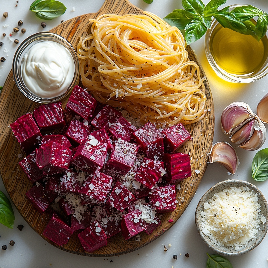 8 ounces uncooked spaghetti pasta in a neat small pile, two medium cooked beets peeled and cut into chunks showing deep vibrant magenta color and smooth texture, a small white bowl of creamy off-white full-fat Greek yogurt or rich coconut cream, two garlic cloves whole and peeled with papery skins partially removed, a small glass dish of golden olive oil reflecting light, a small clear bowl with bright yellow lemon juice, a small heap of grated Parmesan cheese with fine texture on a wooden board, scattered coarse sea salt crystals and freshly ground black pepper in tiny piles, fresh basil and parsley sprigs with bright green leaves adding freshness, arranged artfully on a clean white marble surface with soft natural daylight highlighting vivid colors and textures, delicate shadows for depth, minimal rustic props like a wooden spoon and linen napkin placed beside, overhead shot, top down view, flat lay photography, professional food styling --ar 1:1 --q 2 --s 750 --v 6.1