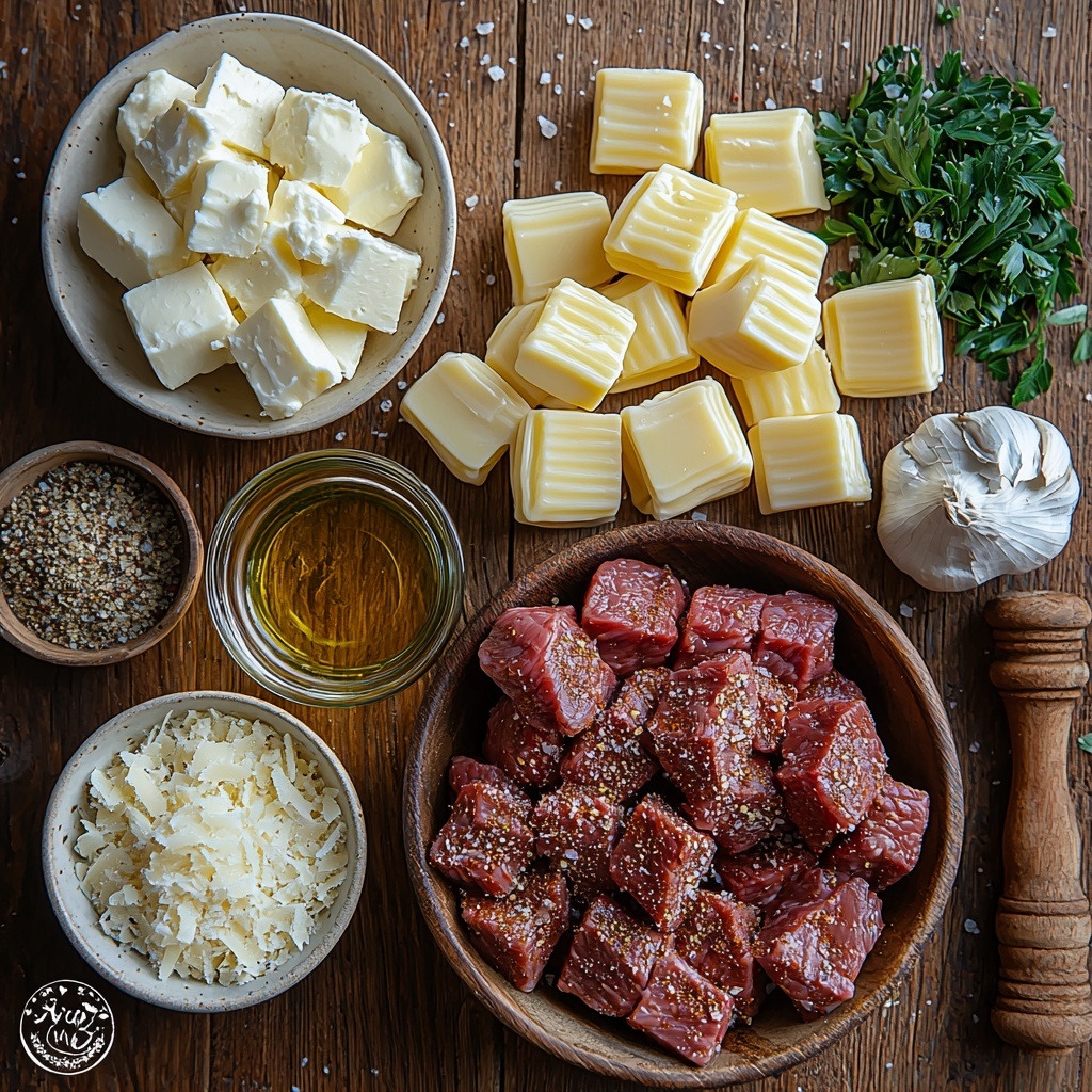 /Imagine a clean, neutral light wood surface arranged with the main ingredients for Cajun Steak Tips in Cheesy Rigatoni Parmesan Sauce: raw sirloin or ribeye steak tips coated partially with reddish-brown Cajun seasoning in a small rustic bowl, scattered extra Cajun seasoning nearby, a shiny small glass bowl of golden olive oil, uncooked rigatoni pasta piled loosely showcasing its ridged tubular shape and creamy pale yellow color, a small white bowl with thick heavy cream softly reflecting light, a heap of finely grated Parmesan cheese with a slightly granular texture on a wooden scoop, fluffy shredded mozzarella cheese piled high with a soft, stringy appearance on a white ceramic plate, two cloves of garlic with papery skins partially peeled revealing smooth white bulbs, a small salt cellar with coarse salt crystals, a pepper mill showing freshly cracked black pepper, and a small bunch of fresh parsley with vibrant green leafy texture lying uncut and a few sprigs chopped in a tiny dish. The ingredients are spaced artfully with natural shadows, soft morning light highlighting textures, light reflections on creamy and oily surfaces, and subtle pops of color against the neutral background. Minimal props, emphasizing freshness and rustic elegance. Overhead shot, top down view, flat lay photography, professional food styling --ar 1:1 --q 2 --s 750 --v 6.1