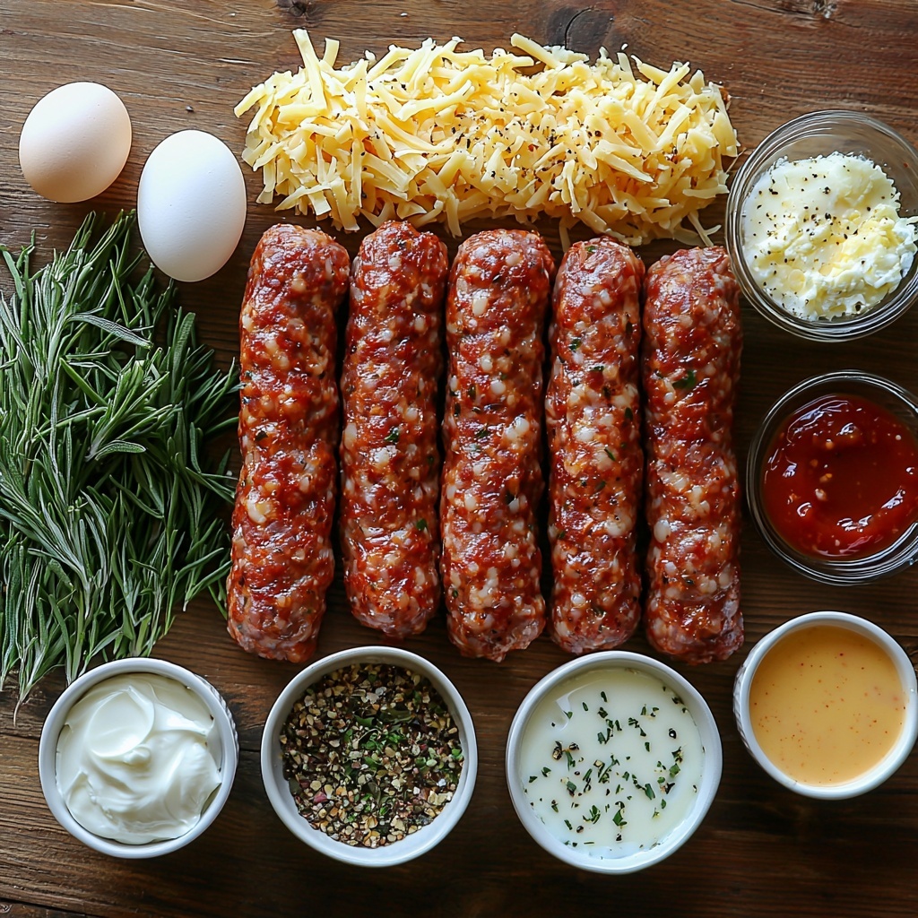 450 g Italian or sage breakfast sausage, raw and coiled in natural casing, rich reddish-brown with marbled fat; 900 g thawed frozen hashbrowns, fluffy and pale yellow with slightly crispy edges; 8 large brown eggs, smooth shells arranged in a neat cluster; 360 ml whole milk in a clear glass measuring cup, creamy white liquid; 200 g sharp cheddar cheese shredded into thin, vibrant orange-yellow strands; 120 g softened cream cheese in a small white bowl, smooth and creamy with a slight sheen; 1 medium onion diced finely, white with purple edges showing freshness; 1 chopped bell pepper, bright red with shiny crisp pieces; 2 cloves garlic minced finely, pearly white bits; small bowls of seasoning powders—1 teaspoon salt (white crystals), ½ teaspoon black pepper (coarse ground black specks), ½ teaspoon paprika (deep red powder), ¼ teaspoon cayenne pepper (bright red fine powder) arranged neatly; fresh chives or green onions chopped, vibrant green sprinkled lightly around; small ramekins with thick sour cream, bright white and smooth; hot sauce or salsa in a small glass container, rich red with visible chili flakes; all ingredients meticulously arranged on a clean warm-toned wooden surface with natural daylight casting soft shadows, subtle rustic touches like a linen napkin folded nearby, minimalistic white ceramic bowls and measuring cups, vibrant colors and textures contrasting beautifully for an inviting, crisp, and appetizing flat lay composition—overhead shot, top down view, flat lay photography, professional food styling --ar 1:1 --q 2 --s 750 --v 6.1