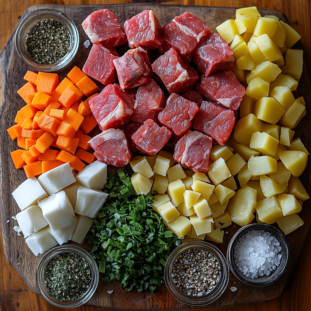 a flat lay of main ingredients for Welsh Cawl, including raw lamb shoulder chunks with a rich red color and marbled fat, bright orange sliced carrots, pale green and white sliced leeks with layered texture, peeled and chopped creamy white parsnips, diced pale yellow swede (rutabaga) with a slightly rough texture, peeled chunky golden potatoes, a small chopped white onion, a small bowl of coarse sea salt crystals, a small dish of black peppercorns, a small dish with fresh bright green chopped parsley leaves, a small glass container of golden vegetable oil -- all arranged neatly on a clean, light wooden surface with natural soft lighting highlighting the vibrant colors and contrasting textures, minimal shadows, subtle rustic props like a wooden spoon and linen napkin barely visible at edges for warmth, overhead shot, top down view, flat lay photography, professional food styling --ar 1:1 --q 2 --s 750 --v 6.1