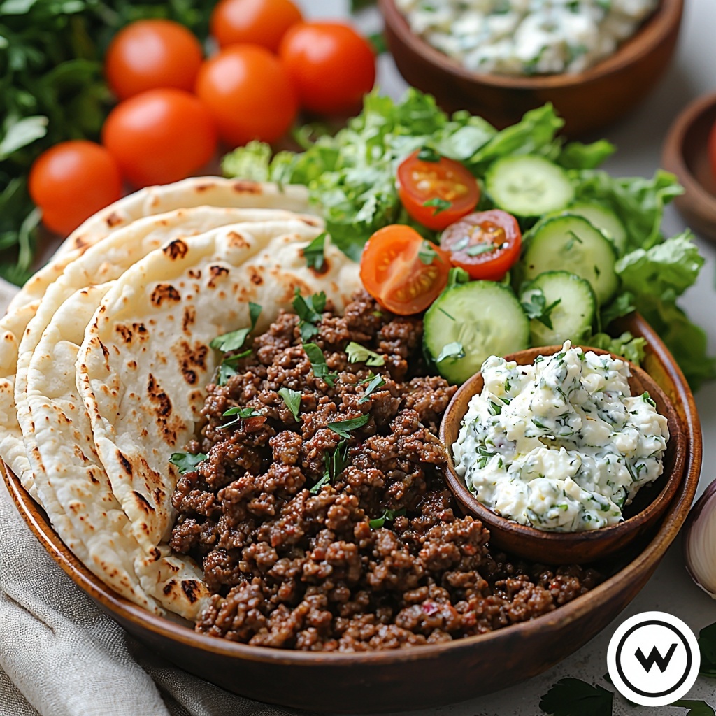 /Imagine prompt: A clean, bright white surface showcasing the main ingredients for Mediterranean Ground Beef Pita Pockets artfully arranged in a flat lay style. Centered is a bowl of rich, browned ground beef mixed with sautéed chopped onion and minced garlic, speckled with warm tones of ground cumin and paprika. Nearby, a small pool of golden olive oil glistens next to a heap of finely chopped onion and two garlic cloves with papery skins intact. Vibrant fresh vegetables include crisp shredded lettuce in a loose pile, diced deep red tomatoes, and diced pale green cucumber, each displaying fresh textures and bright colors. Crumbled white feta cheese forms a textured mound with crumbly, creamy fragments. Four warm, light golden pita pockets are fanned out gently to one side, their soft, slightly puffed surfaces visible. A small bowl of thick, creamy white tzatziki sauce with visible flecks of cucumber and herbs adds a refreshing touch. The composition balances warm earthy tones of the beef and spices with the bright greens, reds, and whites of the vegetables and cheese. Soft natural lighting highlights textures and creates gentle shadows, emphasizing freshness and vibrancy. The arrangement is neat yet inviting, styled to invite the viewer to imagine assembling the pita pockets. overhead shot, top down view, flat lay photography, professional food styling --ar 1:1 --q 2 --s 750 --v 6.1