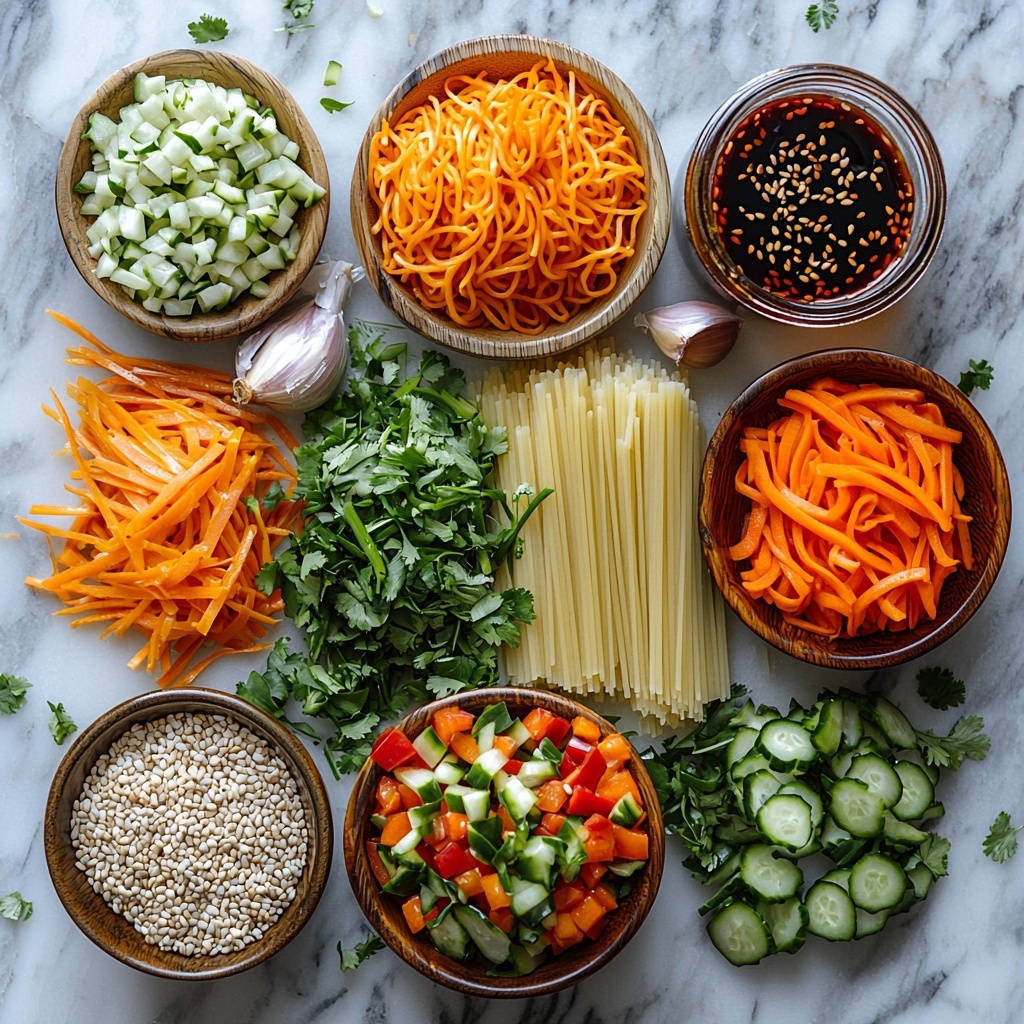 A vibrant flat lay arrangement of main ingredients for sesame noodle bowls on a clean white marble surface. Neatly coiled cooked spaghetti or ramen noodles with a glossy, slightly translucent texture, surrounded by bright shredded orange carrots in a small heap, thinly sliced deep red bell pepper strips fanned out elegantly, crisp pale green cucumber slices arranged in a neat line, and finely chopped vibrant green onions scattered artfully. A small wooden bowl filled with light golden toasted sesame seeds, another bowl with fresh bright green chopped cilantro leaves, and a minimal glass jar containing the rich, glossy sesame sauce with a smooth texture, showing its deep amber color. Nearby, a small pile of peeled, minced white garlic clove and a piece of pale beige fresh ginger root with rough skin, along with a tiny spoon holding smooth honey or maple syrup. The composition is balanced with contrasting colors and textures—shiny, fresh, and earthy elements—accented by soft natural lighting that creates gentle shadows, emphasizing freshness and inviting warmth. The scene is styled with minimal props, clean lines, and negative space for a modern, polished look. Overhead shot, top down view, flat lay photography, professional food styling --ar 1:1 --q 2 --s 750 --v 6.1