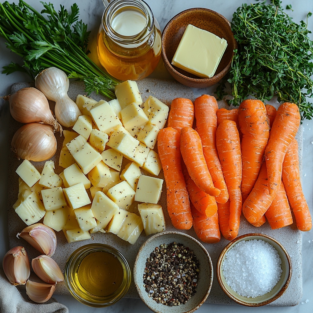 a flat lay of fresh cooking ingredients for carrot parsnip soup arranged neatly on a clean white surface: vibrant orange large peeled and chopped carrots, creamy white peeled and chopped parsnips, one diced yellow onion with translucent layers, two peeled garlic cloves minced and whole, a small glass bowl with golden olive oil, a pat of pale yellow butter on a ceramic dish, a clear measuring cup filled with light amber vegetable broth, fresh green thyme sprigs alongside a small heap of dried thyme, coarse sea salt crystals and freshly cracked black pepper scattered artistically, a small white bowl of smooth heavy cream or coconut milk, and a bunch of bright green fresh parsley and chives for garnish; the colors are warm and earthy with pops of green, the textures vary from smooth liquids to rough chopped vegetables, soft cloth napkin in natural linen nearby, natural diffused daylight casting gentle shadows, minimalistic and clean styling emphasizing freshness and simplicity, overhead shot, top down view, flat lay photography, professional food styling --ar 1:1 --q 2 --s 750 --v 6.1