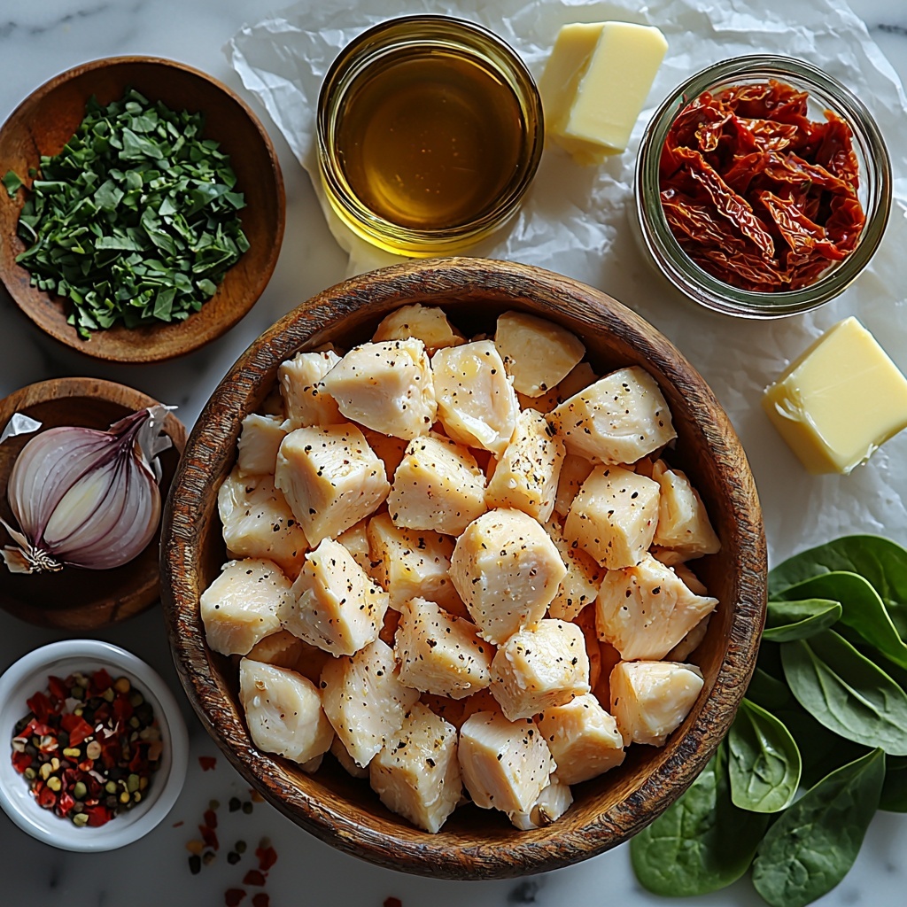 chicken breasts cubed in a small rustic bowl, golden olive oil in a glass drizzle bottle, unsalted butter on a small butter knife, a small yellow onion diced with some diced pieces scattered nearby, cloves of garlic whole and minced on a wooden board, dry orzo pasta in a ceramic bowl showing tiny rice-shaped grains, a clear measuring cup filled with rich golden chicken broth, a white cup with thick heavy cream slightly spilling over the edge, a small bowl of finely grated parmesan cheese with a metal spoon, fresh vibrant green spinach leaves loosely piled, sliced deep red sun-dried tomatoes glistening with oil on a small plate, a small bowl of mixed Italian seasoning herbs, a tiny jar of crushed red pepper flakes with some flakes spilled elegantly, a pinch of paprika powder on white parchment paper, coarse salt crystals and freshly ground black peppercorns in a small wooden spoon, fresh chopped bright green parsley scattered artistically around, all ingredients arranged neatly on a clean white marble surface with soft natural lighting highlighting the rich colors and textures, subtle shadows adding depth, minimal props to keep focus on ingredients, overhead shot, top down view, flat lay photography, professional food styling --ar 1:1 --q 2 --s 750 --v 6.1