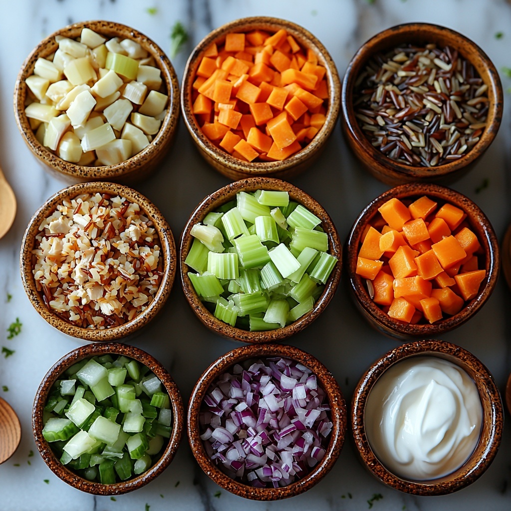 boneless skinless chicken breasts diced into bite-sized pieces, wild rice blend with mixed grains and colors, bright orange diced carrots, fresh green diced celery stalks, chopped medium onion with white and light purple layers, three peeled garlic cloves minced, a clear glass measuring cup filled with golden low-sodium chicken broth, a small white bowl of thick creamy heavy cream, all ingredients neatly arranged in small rustic ceramic bowls and wooden spoons scattered on a clean white marble surface, colors vibrant and textures contrasting—smooth chicken, grainy rice, crisp vegetables, rustic wood, subtle shadows for depth, natural daylight highlighting freshness, slight overhead angle to capture all elements clearly, minimalistic and elegant styling emphasizing wholesome, fresh ingredients, overhead shot, top down view, flat lay photography, professional food styling --ar 1:1 --q 2 --s 750 --v 6.1