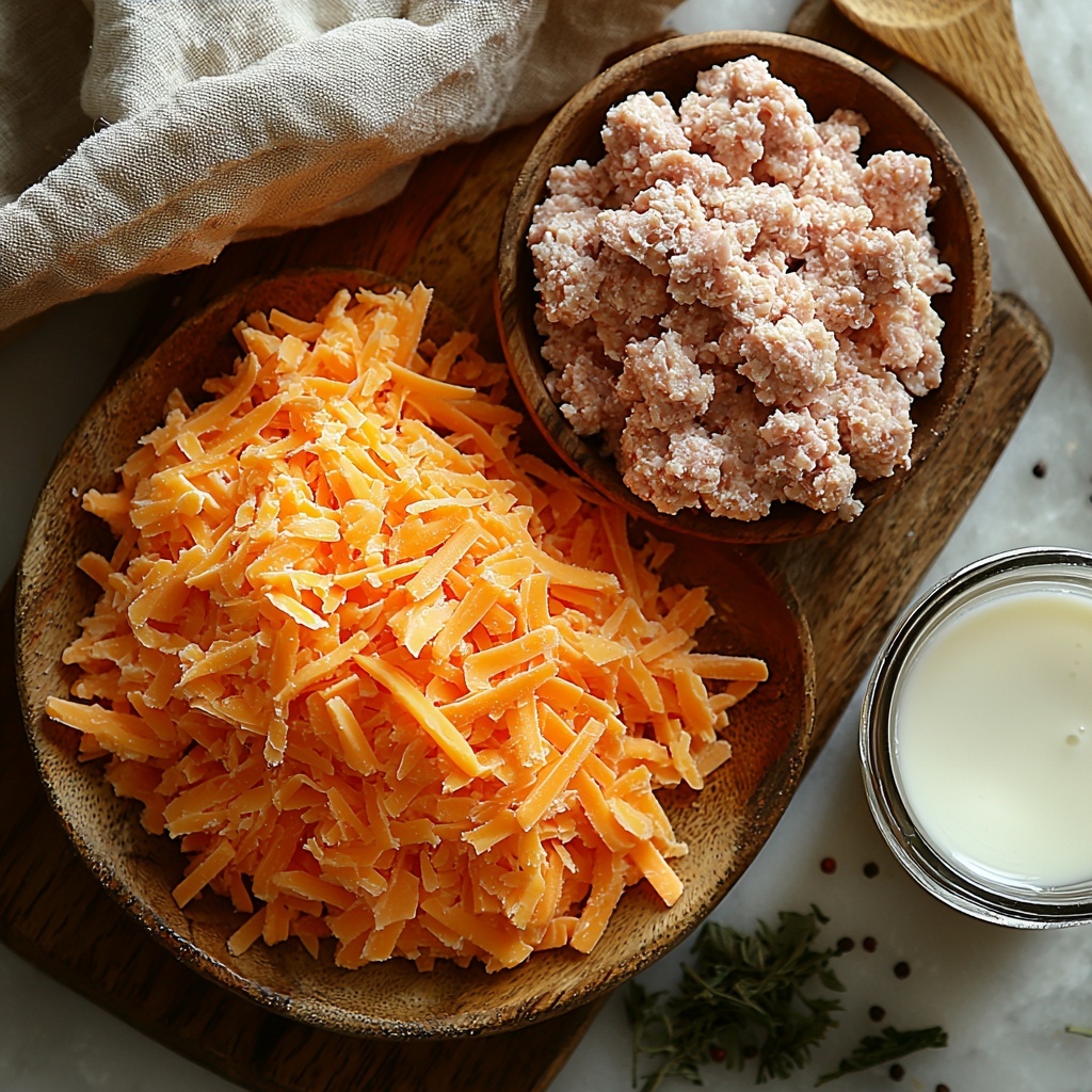 A clean white marble surface styled with the main ingredients for sausage balls arranged neatly: a small rustic bowl filled with 2 cups of pale biscuit mix powder, a mound of vibrant shredded sharp cheddar cheese in bright orange hues with textured strands, a raw ground pork sausage portion showing pink and beige marbling placed on a wooden cutting board, and a small glass measuring cup containing a small amount of creamy white milk. Scattered coarse biscuit mix and a few stray shreds of cheddar add natural texture and depth. Natural soft daylight illuminates the scene, creating gentle shadows to emphasize textures and colors. Minimalist styling with neutral linen napkin and a wooden spoon nearby, balanced composition, subtle rustic charm. Overhead shot, top down view, flat lay photography, professional food styling --ar 1:1 --q 2 --s 750 --v 6.1