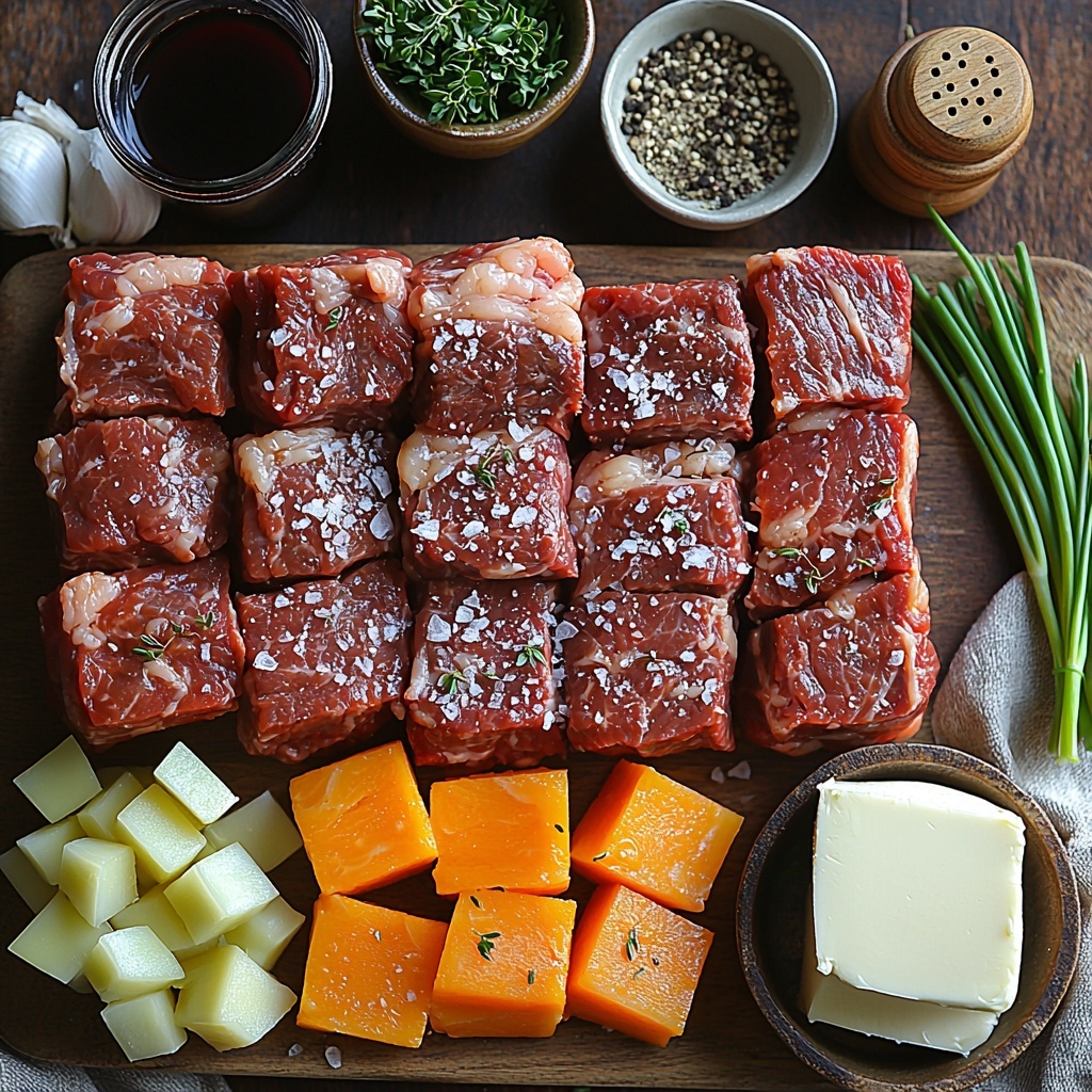 4 pounds raw beef short ribs with rich marbling and deep red color, sprinkled with coarse salt and cracked black pepper; small glass bowl of golden olive oil; one large white onion, rough chopped showing layers; two bright orange carrots, peeled and chopped into chunks; two celery stalks, fresh green and chopped; four cloves of garlic, peeled and minced, scattered slightly; deep red wine in a clear glass measuring cup; dark beef broth in a rustic ceramic bowl; small spoonful of vibrant red tomato paste on a white porcelain spoon; two fresh green sprigs of thyme; one dried bay leaf with earthy browns; two pounds of pale yellow Yukon Gold potatoes peeled and cut into chunks in a wooden bowl; small pitcher of creamy heavy cream with a silky sheen; quarter cup of smooth unsalted butter, slightly softened on a white plate; small salt and pepper shakers with visible crystals and peppercorns; fresh bright green chopped chives and parsley lightly sprinkled in a small dish; all ingredients carefully arranged on a clean, neutral-toned linen surface with natural diffused light highlighting varied textures – the glossy sheen of meat, soft matte of vegetables, and creamy dairy, styled with rustic kitchen tools like wooden spoons and linen napkins around for warmth, casting soft shadows. Overhead shot, top down view, flat lay photography, professional food styling --ar 1:1 --q 2 --s 750 --v 6.1