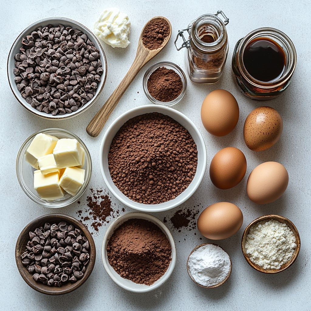 Moist and Tender Devil’s Food Cake ingredients arranged neatly on a clean, bright white surface: a small mound of all-purpose flour in a white ceramic bowl, rich dark brown Dutch-processed cocoa powder in a rustic glass jar, scattered fine granules of granulated sugar sparkling softly, smooth, softened unsalted butter in a small white ramekin, two glossy large brown eggs, a small glass cup of buttermilk with creamy white texture, a tiny bowl with instant espresso powder dark as night, a shallow dish holding fine baking soda, baking powder, and salt powders side by side, a clear glass measuring cup with warm, slightly steamy hot water, a clean small jar of vanilla extract with dark amber liquid, a bowl of silky powdered sugar, a bowl of cocoa powder for frosting, a small pitcher of heavy cream with glossy sheen, and a pinch of salt in a tiny spoon. The ingredients are spaced evenly with natural soft shadows, showcasing contrasting textures from powdery to smooth and glossy elements. Styled with minimal rustic props such as a wooden spoon, a linen napkin folded softly to one side, and a vintage metal sifter. The color palette blends warm earth tones, creamy whites, and deep chocolate browns, inviting and homely ambiance. overhead shot, top down view, flat lay photography, professional food styling --ar 1:1 --q 2 --s 750 --v 6.1