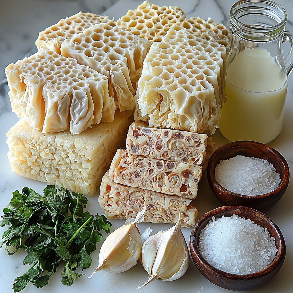 Beef tripe, cleaned and cut into strips, showcasing its unique honeycomb texture and creamy off-white color; raw beef bones with marrow, rich deep reds and creamy whites visible; 5 cloves of garlic, whole and finely chopped pieces in a small bowl, bright white with papery skins; a small glass bowl of coarse salt, sparkling white crystals; a clear glass pitcher of white vinegar with reflections; a rustic stack of flatbread or lavash with warm golden-brown tones and soft, slightly charred edges; all ingredients carefully arranged on a pristine white marble surface, spaced evenly to highlight textures and colors with natural soft daylight casting gentle shadows; accents of fresh green herbs subtly placed nearby for contrast; minimalistic, clean, and airy styling with a focus on the raw, natural elements; no clutter, perfectly composed for an inviting and elegant presentation. overhead shot, top down view, flat lay photography, professional food styling --ar 1:1 --q 2 --s 750 --v 6.1