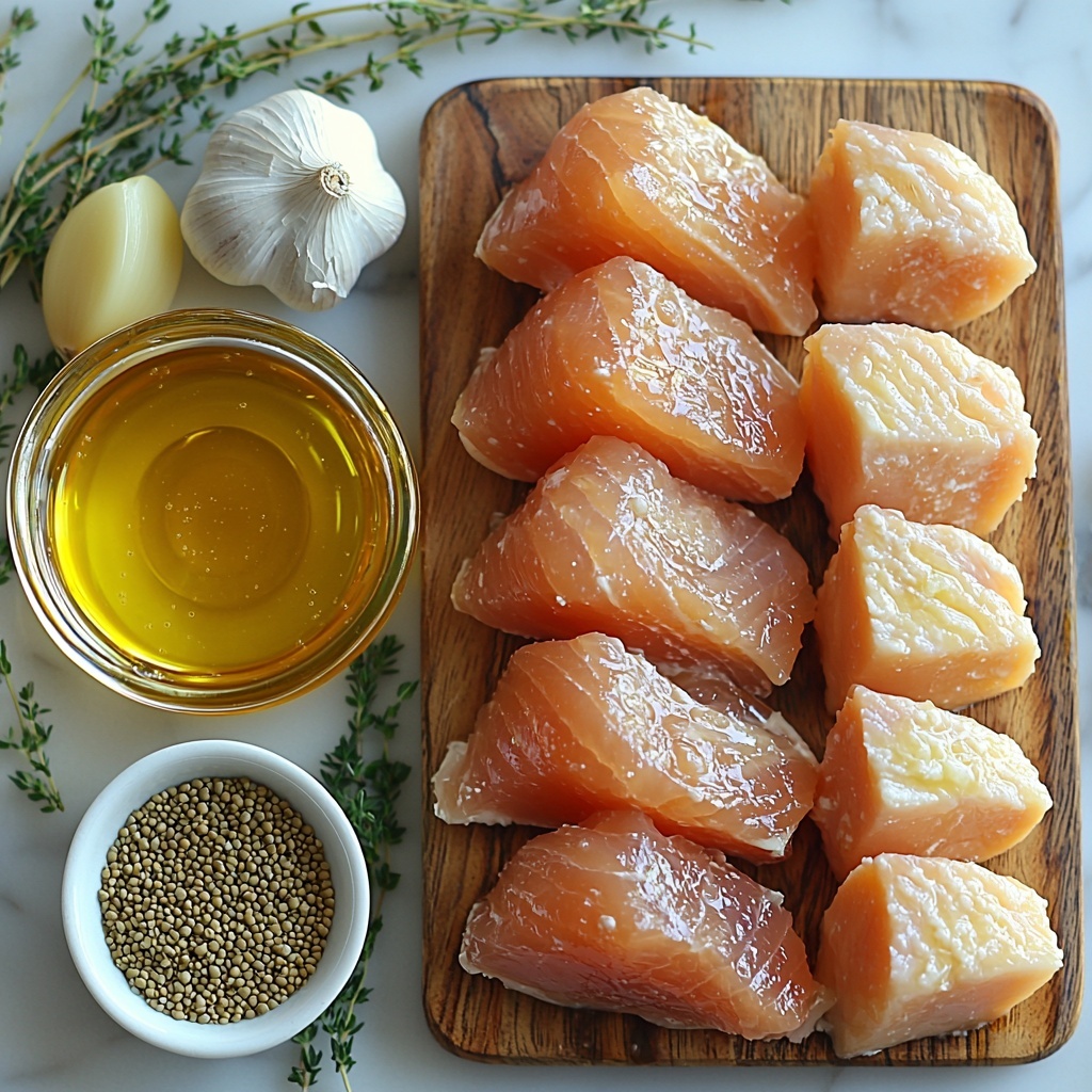 olive oil in a small glass bowl with golden yellow hue, three tablespoons of amber honey in a rustic ceramic dish, whole grain mustard showing textured brown mustard seeds in a white porcelain spoon, smooth pale yellow Dijon mustard in a matching porcelain spoon, coarse sea salt sprinkled lightly, two cloves of garlic with papery white skins and one clove minced finely on a wooden cutting board, four raw boneless skinless chicken breasts with pale pink flesh arranged neatly side by side, fresh sprigs of bright green thyme scattered delicately for garnish, all ingredients laid out on a clean white marble surface with soft natural light casting gentle shadows, subtle rustic kitchen props like a wooden spoon and linen napkin around edges for warmth and texture, colors vibrant with emphasis on the golden honey and green thyme contrasting against the neutral tones of chicken and white marble, overhead shot, top down view, flat lay photography, professional food styling --ar 1:1 --q 2 --s 750 --v 6.1