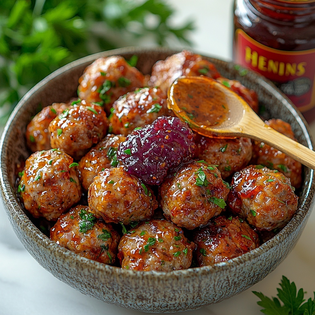 Frozen homestyle meatballs in a rustic bowl showing their textured, browned exterior; a glossy jar of purple grape jelly with a small wooden spoon dipping into the vibrant jelly, reflecting its shiny and sticky texture; a bottle of deep red Heinz chili sauce with its smooth, slightly thick consistency visible on the rim; all ingredients carefully arranged on a pristine white marble surface with soft natural light casting gentle shadows, accented by a sprig of fresh green parsley and a small vintage metal spoon for contrast, emphasizing vibrant colors and inviting textures, minimalistic and clean composition, overhead shot, top down view, flat lay photography, professional food styling --ar 1:1 --q 2 --s 750 --v 6.1