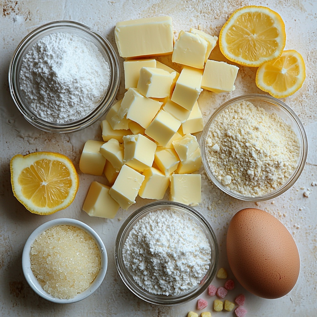A clean, bright white surface with all the main ingredients for buttery lemon spritz cookies arranged neatly: a small glass bowl of fine white sugar, a pinch of salt in a tiny white ceramic dish, a mound of soft pale yellow unsalted butter, a heap of white all-purpose flour with a King Arthur logo visible on the bag edge nearby, a small bowl holding finely grated yellow lemon zest, a teaspoon of baking powder in a porcelain spoon, a small clear glass dish with freshly squeezed bright yellow lemon juice, a large smooth brown egg with a natural matte shell, a small dish of pale golden vanilla extract, scattered pink and yellow sanding sugars adding pops of color, along with a fine metal grater and wooden mixing spoon casually placed. The textures contrast beautifully: powdery flour, creamy butter, glossy lemon zest, smooth eggshell, and sparkling sanding sugars. Soft natural light from the side creates gentle shadows and highlights the freshness and vibrancy of the ingredients. Overhead shot, top down view, flat lay photography, professional food styling --ar 1:1 --q 2 --s 750 --v 6.1
