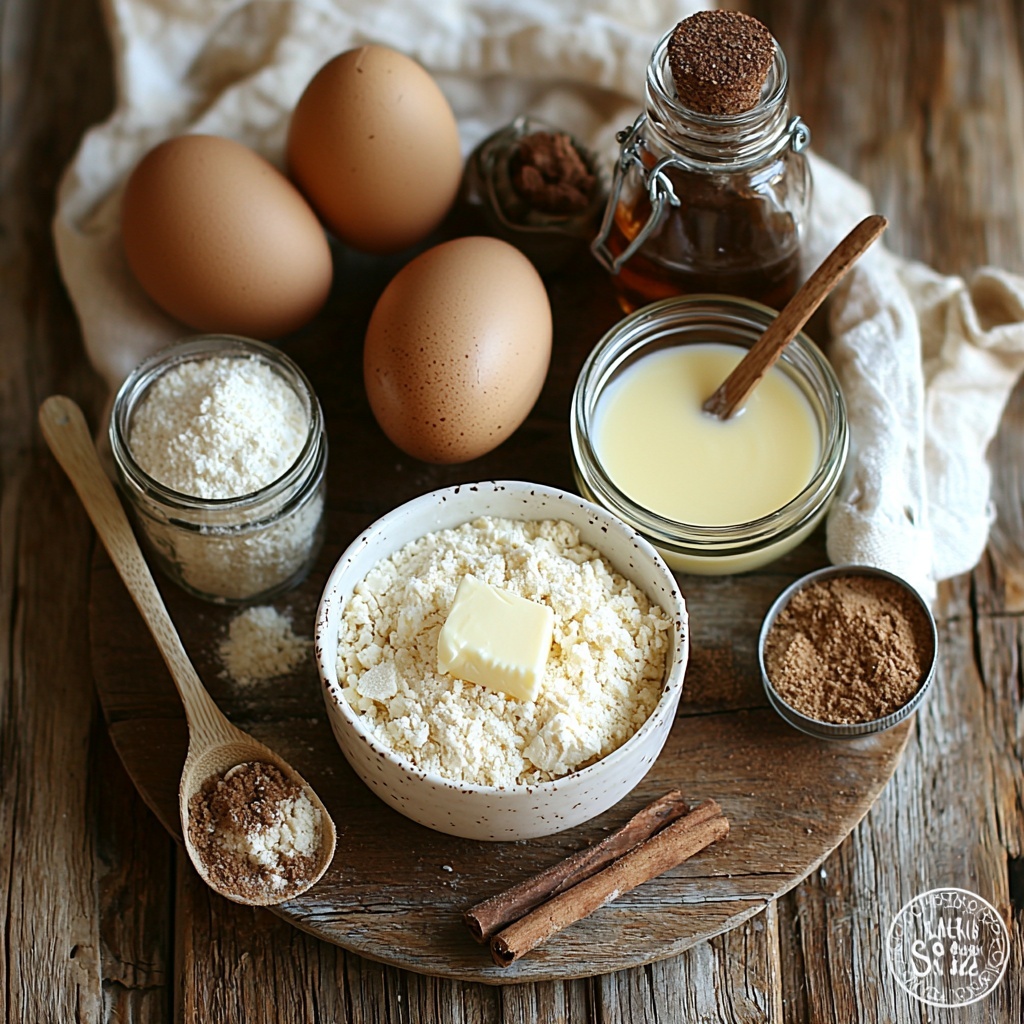 all-purpose flour in a small white ceramic bowl, baking powder and baking soda in neat little wooden spoons, ground cinnamon in a tiny glass jar with an open lid, fine salt sprinkled lightly on a rustic wooden plate; melted unsalted butter pooled in a clear glass measuring cup, granulated sugar and packed brown sugar each in separate small glass bowls showing their distinct textures, two large brown eggs resting on a linen napkin, a delicate glass bottle of vanilla extract with a cork stopper, a small metal cup of milk reflecting soft light; a small white bowl with a mixture of granulated sugar and cinnamon with a tiny wooden spoon inside it; all ingredients arranged neatly and symmetrically on a clean, light natural wood surface with soft diffused natural light casting gentle shadows, textures vivid and contrasting, colors warm and inviting, styled with rustic kitchen props like a linen cloth and wooden utensils, minimalistic and cozy aesthetic, overhead shot, top down view, flat lay photography, professional food styling --ar 1:1 --q 2 --s 750 --v 6.1