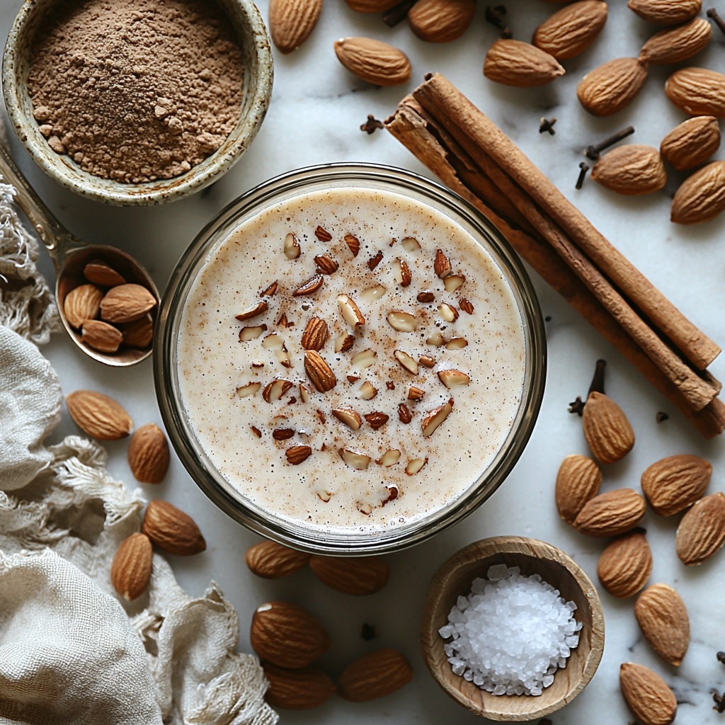 Raw almonds soaked overnight in water in a small glass bowl, a cinnamon stick resting beside it, a clear pitcher filled with creamy almond horchata, a small dish with granulated sugar, a tiny ceramic bowl containing vanilla extract, a pinch of salt in a rustic spoon, scattered whole raw almonds around for texture, a light dusting of ground cinnamon sprinkled gently on the surface of the pitcher, all arranged neatly on a clean white marble surface. Natural soft daylight illuminating the scene with subtle shadows, warm and inviting color palette emphasizing the creamy off-white, rich browns, and subtle golden hues, minimalistic styling with delicate linen napkin and a simple wooden scoop adding rustic charm, clean and crisp textures with a focus on the smoothness of the horchata contrasted by the roughness of almonds and cinnamon stick. overhead shot, top down view, flat lay photography, professional food styling --ar 1:1 --q 2 --s 750 --v 6.1