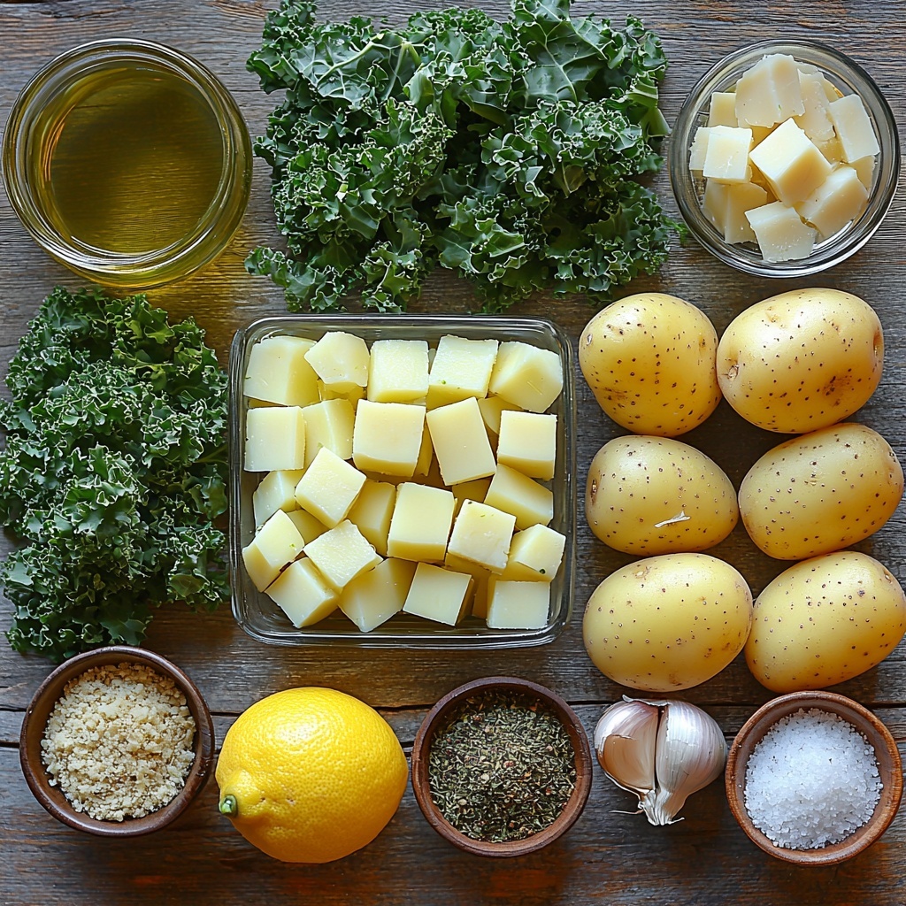 A flat lay of fresh ingredients for a nourishing broccoli kale soup arranged neatly on a clean, light wooden surface. A small glass bowl of golden olive oil with a slick sheen; four large garlic cloves, peeled and minced, scattered nearby; one small yellow onion, diced into perfect cubes; bright green broccoli florets with tender stems, about five heaping cups in volume; two small-medium Yukon Gold yellow potatoes, peeled and cubed, showing their creamy texture; small piles of dried thyme, dried basil, and vibrant reddish smoked paprika powders artfully spaced in rustic ceramic spoons; a large bunch of fresh curly kale leaves, deep emerald green with ruffled edges, loosely stacked; a clear glass liter jug of pale golden vegetable broth with subtle light reflections; half a lemon cut to show juicy, bright yellow flesh; a small mound of freshly grated parmesan cheese with fine, fluffy texture on crinkled parchment paper; small rustic bowls of coarse salt and cracked black peppercorns adding contrast. The ingredients are balanced and spaced thoughtfully with natural light casting soft shadows, styled with minimal, natural props to emphasize freshness and wholesome textures. Overhead shot, top down view, flat lay photography, professional food styling --ar 1:1 --q 2 --s 750 --v 6.1