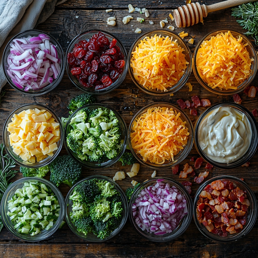 Broccoli florets, bright green and fresh, spread in a loose cluster; creamy white mayonnaise in a small glass bowl beside golden honey in a drizzle, and a small dish of amber apple cider vinegar; shredded sharp cheddar cheese, vibrant orange, sprinkled loosely; finely chopped red onions with a deep purple hue in a neat pile; dried cranberries, rich red and slightly glossy, scattered artfully; raw sunflower seeds, pale beige with subtle texture, grouped in a small heap; crispy bacon bits, reddish-brown and crunchy-looking, arranged in a small bowl; all ingredients placed on a clean, light wooden surface that enhances natural colors, styled with soft natural lighting to highlight textures and freshness, minimal shadows, subtle props like a wooden spoon and linen napkin to add warmth and authenticity, delicate contrasting colors balanced in a harmonious flat lay composition — overhead shot, top down view, flat lay photography, professional food styling --ar 1:1 --q 2 --s 750 --v 6.1