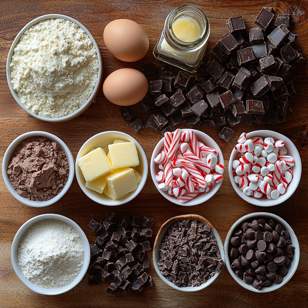 Double chocolate peppermint cookie ingredients neatly arranged on a clean, light wooden surface: small white bowls filled with rich dark Dutch-processed cocoa powder, fine all-purpose flour, sprinklings of baking powder, baking soda, and salt; a soft, creamy mound of unsalted butter with a vintage butter knife nearby; rustic piles of light brown sugar and granulated white sugar showcasing their different textures; two bright yellow egg yolks in a tiny clear glass bowl; a small glass bottle of peppermint extract and a jar of vanilla bean paste with visible vanilla seeds; clusters of glossy semi-sweet chocolate chips and smooth, minty peppermint chips scattered artfully; crushed candy cane pieces adding festive pops of red and white; delicate wooden spoons and a measuring cup subtly included; all elements spaced evenly and symmetrically to highlight textures and colors—the deep browns, soft creams, sparkling whites, and vibrant reds create a harmonious, inviting composition. Soft natural light casting gentle shadows, minimalistic styling with a touch of rustic charm, clean and uncluttered, styled for a warm, cozy holiday baking vibe. Overhead shot, top down view, flat lay photography, professional food styling --ar 1:1 --q 2 --s 750 --v 6.1