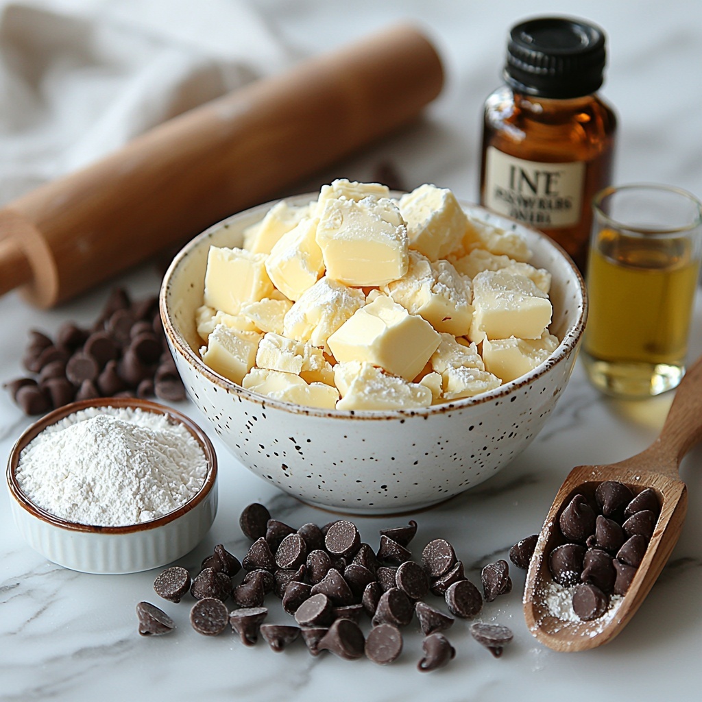 Softened salted butter half-cup in a small glass bowl showing creamy pale yellow texture, powdered sugar half-cup in a clear ceramic bowl with fluffy white fine texture, a small bottle of vanilla extract amber liquid with a maple wood cap nearby, measuring spoons with baking powder and salt sprinkled delicately, one cup all-purpose flour in a rustic white bowl with some flour dusted across a clean white marble surface, Kraft caramel bits in a small glass dish with a couple of wrapped caramel candies scattered, a tablespoon of whole milk in a tiny white ceramic cup, milk chocolate chips one and a half cups spilling slightly from a wooden scoop, a teaspoon of golden vegetable oil in a miniature bowl, all ingredients arranged in a balanced semi-circle on a pristine white marble countertop with subtle natural light casting soft shadows, fine details of textures from the smooth butter to the grainy sugar and shiny chocolate chips highlighted, minimal props including a vintage rolling pin and a dusting of flour adding rustic charm, overhead shot, top down view, flat lay photography, professional food styling --ar 1:1 --q 2 --s 750 --v 6.1