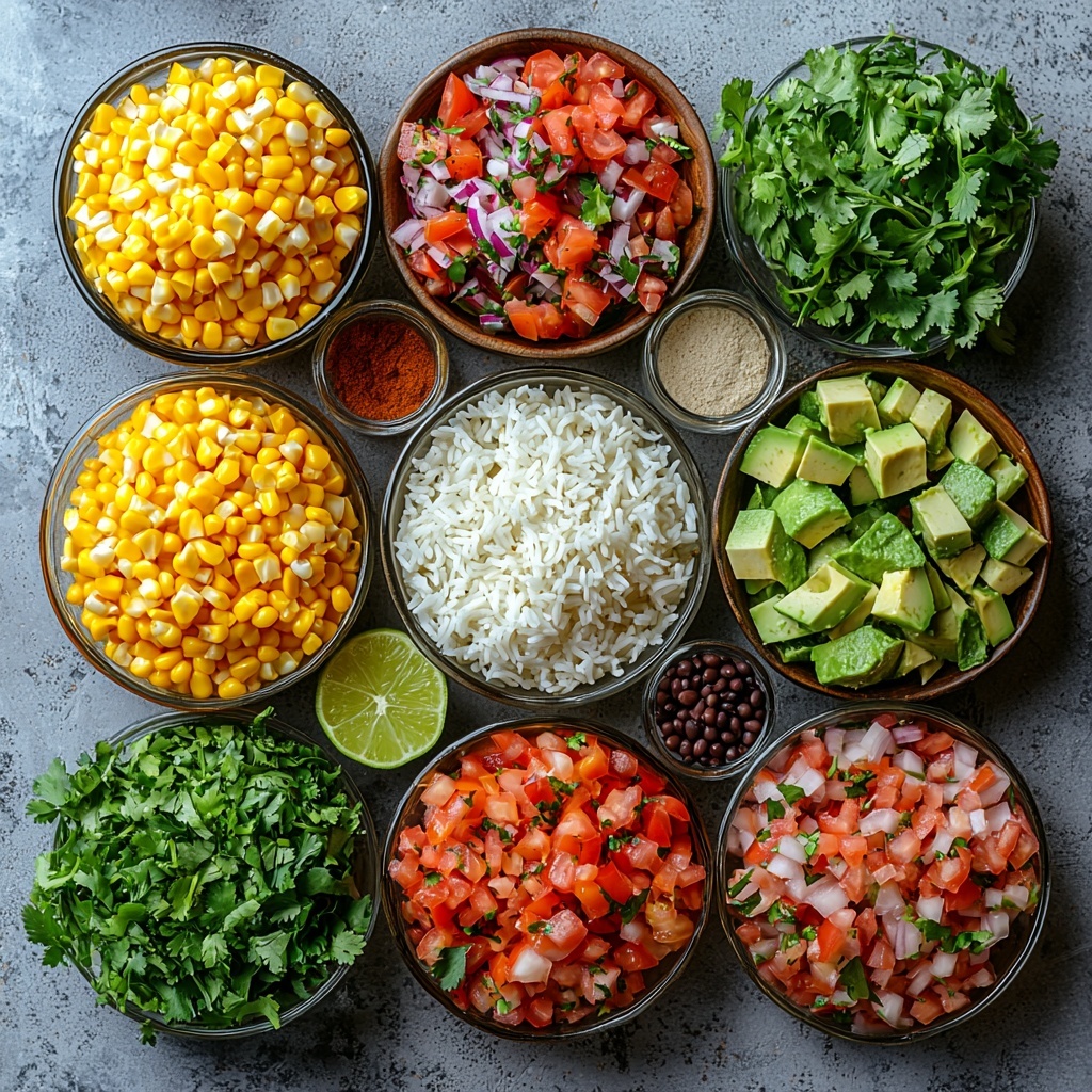 chipotle burrito bowl ingredients neatly arranged on a clean white surface: uncooked rice in a small glass bowl showcasing fluffy white grains, a small bunch of fresh bright green cilantro leaves, lime wedges with vibrant yellow-green skin and juicy pulp, a rustic wooden bowl of golden yellow corn kernels, a bowl of glossy black beans, chopped crisp pale green romaine lettuce stacked loosely, a bowl of colorful pico de gallo with red tomatoes, white onions, and green cilantro, diced creamy green avocado pieces on a white ceramic plate, shredded cheddar and Monterey Jack cheese in a small pile with warm orange and pale cream hues, a dollop of smooth white sour cream or Greek yogurt on a small dish, raw boneless chicken pieces lightly dusted with reddish-brown chipotle chili powder and spices on a simple plate, small glass jars of chipotle chili powder, cumin, paprika, garlic powder, and onion powder arranged symmetrically, a small bottle of golden olive oil catching the light subtly, scattered black peppercorns and salt crystals adding texture, all items spaced evenly with slight overlaps to create inviting visual flow, natural daylight to enhance vibrant colors and fresh textures, soft shadows, minimal props, clean modern aesthetic, overhead shot, top down view, flat lay photography, professional food styling --ar 1:1 --q 2 --s 750 --v 6.1
