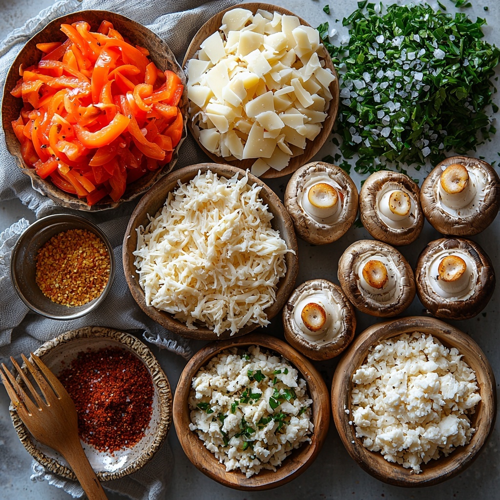 A clean white surface featuring a neatly arranged flat lay of ingredients for crab stuffed mushrooms: 24 fresh white button mushrooms with stems removed, a small bowl of finely chopped golden onion, another bowl with vibrant finely chopped red bell pepper, a pile of delicate pale pink crab claw meat flakes, a small heap of shredded creamy Gruyere cheese with its soft texture visible, a tiny dish with fine garlic powder, a small spoon of Old Bay seasoning showcasing its reddish-brown color, coarse salt and cracked black pepper sprinkled subtly nearby, and a small mound of golden, crispy seasoned panko breadcrumbs. The ingredients are thoughtfully spaced with natural soft lighting creating gentle shadows that emphasize textures and colors, styled with minimal rustic props such as a wooden spoon and linen napkin for warmth and contrast. The overall mood is fresh, inviting, and clean, highlighting the vibrant colors and varied textures of the ingredients. overhead shot, top down view, flat lay photography, professional food styling --ar 1:1 --q 2 --s 750 --v 6.1