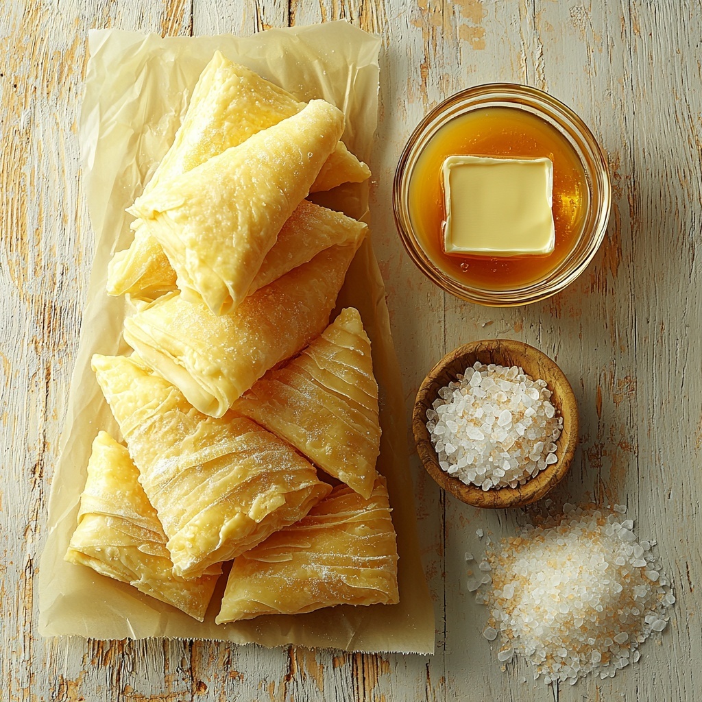 Pillsbury crescent roll dough tube partially unrolled with visible soft, pale yellow dough triangles arranged next to it, small glass bowl of golden melted butter with smooth texture, sprinkling of coarse sea salt crystals on a clean, light-colored wooden surface; ingredients spaced evenly in an aesthetically pleasing layout highlighting the dough’s flaky layers and buttery shine; natural soft daylight with gentle shadows to emphasize textures, minimal props to maintain clean, fresh look, hints of warm tones to evoke cozy baking atmosphere; overhead shot, top down view, flat lay photography, professional food styling --ar 1:1 --q 2 --s 750 --v 6.1