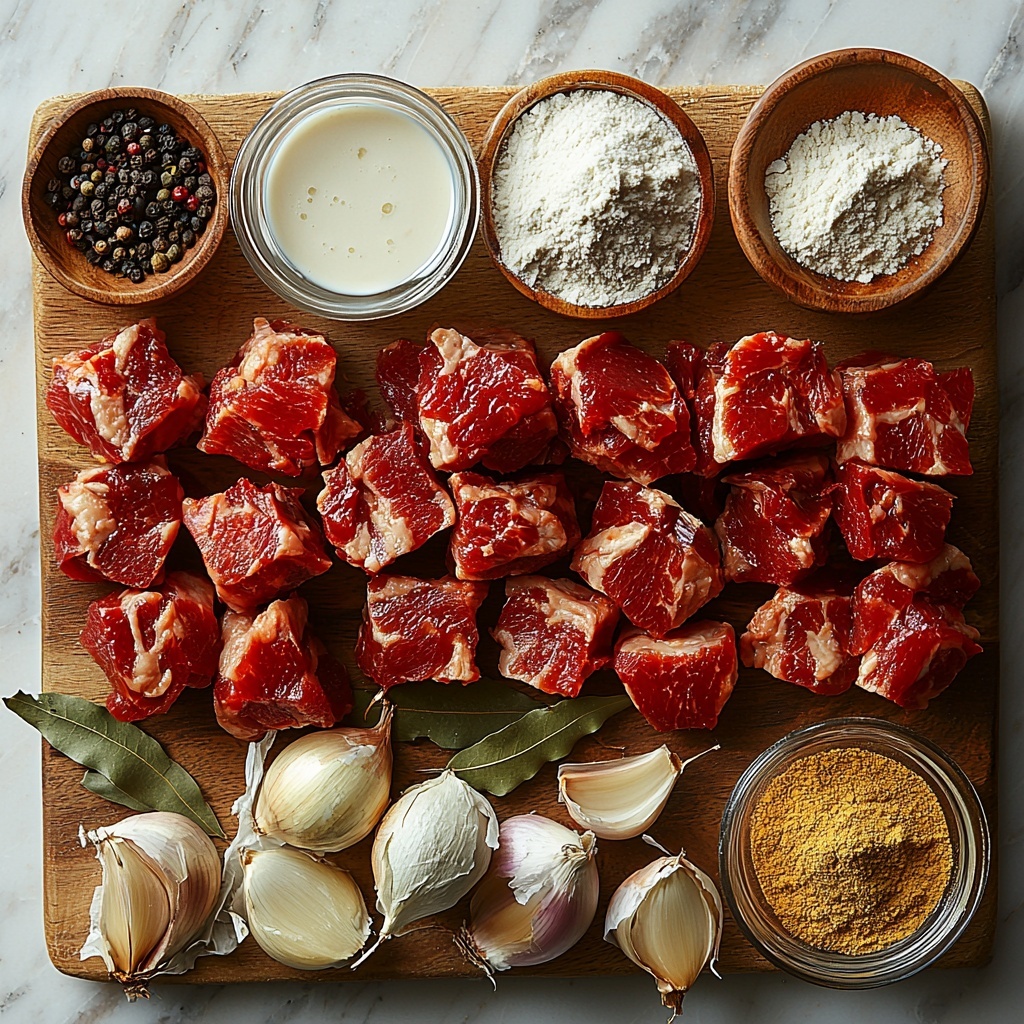 pork shoulder bone-in and boneless chunks with visible marbling, whole large white onion quartered, whole garlic cloves scattered, two dried bay leaves placed neatly, coarse sea salt in a small white ceramic bowl, six dried guajillo chiles with deep red color, four dried ancho chiles of dark reddish-brown hue, one to two dried pasilla chiles in rich dark brown, small piles of ground cumin, Mexican oregano, and smoked paprika powders each in tiny rustic bowls, clear glass bowl filled with warm pork broth showing a golden tint, mound of fine Maseca Para Tamal flour, dollops of creamy lard glossy and pure white, dried corn husks fanned out showing natural beige and light brown tones, a small cup of hot water with rising steam subtly visible. All ingredients purposefully arranged on a smooth, clean white marble surface with soft natural light highlighting textures—rough dried chiles, flaky onion layers, coarse salt crystals, moist lard sheen, and fine masa flour powder. Minimal shadows and ample negative space for balanced composition. Props subtly include a wooden spoon and a linen napkin in muted earth tones to enhance warmth and rustic authenticity. overhead shot, top down view, flat lay photography, professional food styling --ar 1:1 --q 2 --s 750 --v 6.1