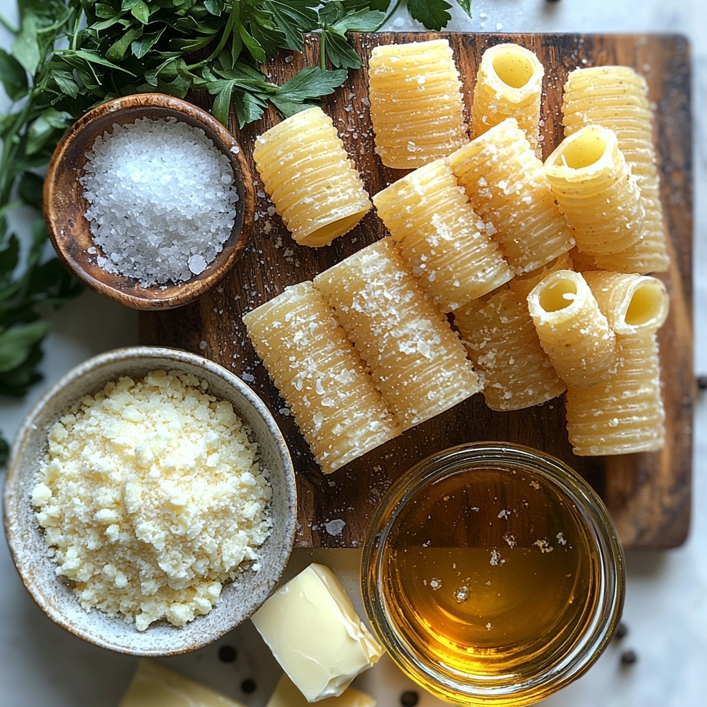 olive oil in a small glass bowl with golden liquid shimmering, smooth garlic paste dolloped on a white ceramic spoon, uncooked ditalini pasta scattered loosely in a small heap showing tubular shapes and pale ivory color, a clear measuring cup filled with rich, amber chicken broth reflecting light, fine white salt crystals in a small ceramic dish, freshly grated Parmesan cheese piled delicately on a rustic wooden board, a small glass bowl of thick, creamy heavy cream with soft texture, two glossy cubes of salted butter on a marble slab, coarse black peppercorns in a tiny dark bowl, finely minced bright green fresh parsley sprinkled artfully on a parchment paper square; all items arranged neatly on a clean white surface with natural soft daylight highlighting textures and colors, subtle shadows adding depth, minimal props to keep focus on ingredients, overhead shot, top down view, flat lay photography, professional food styling --ar 1:1 --q 2 --s 750 --v 6.1