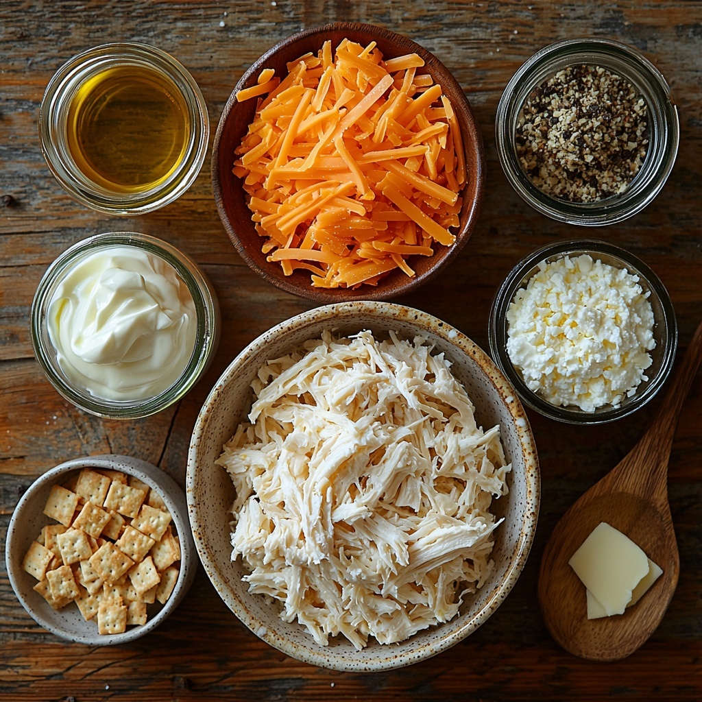 shredded cooked chicken in a rustic white bowl with soft, fibrous texture and pale beige color; creamy cheese sauce in a small glass jar, smooth and glossy, pale yellow hue; crushed crackers in a wooden bowl, golden brown crumbs with rough texture; shredded cheddar cheese in a small ceramic dish, bright orange-yellow with fine strands; sour cream in a vintage porcelain ramekin, thick and white with a silky surface; chicken broth in a clear glass measuring cup, light amber liquid with subtle translucence; small wooden spoon holding garlic powder, fine off-white powder; salt and pepper in tiny glass bowls, coarse white salt crystals and cracked black pepper with contrasting textures; all ingredients arranged neatly on a clean, light natural wood surface with soft, diffused natural lighting, minimal shadows, balanced spacing, and a warm inviting color palette, emphasizing freshness and homeliness, overhead shot, top down view, flat lay photography, professional food styling --ar 1:1 --q 2 --s 750 --v 6.1