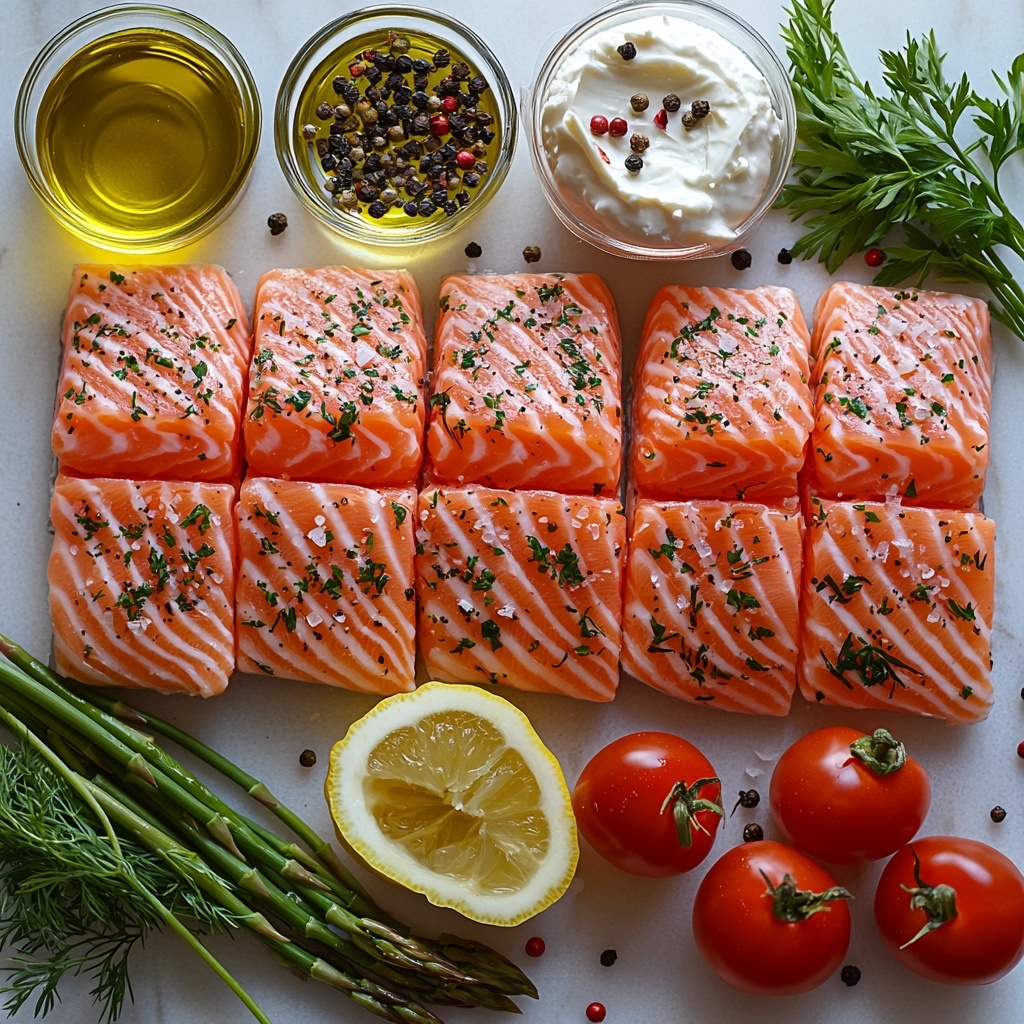 Salmon fillets with rich pink-orange flesh, a package of creamy white Boursin cheese with herb flecks, a small glass bowl of golden olive oil, coarse salt and black peppercorns scattered artfully, bright yellow lemon wedges with glossy skin, fresh green parsley and dill sprigs with delicate leaves, a bundle of vibrant green asparagus spears trimmed neatly, and glossy red cherry tomatoes with smooth skins arranged on a clean white marble surface. The ingredients are thoughtfully spaced to showcase contrasting colors and textures—smooth cheese, flaky salmon, crisp vegetables—and styled with natural soft light creating gentle shadows for depth. A few lemon wedges and herb sprigs placed casually around to add freshness and balance to the composition. Overhead shot, top down view, flat lay photography, professional food styling --ar 1:1 --q 2 --s 750 --v 6.1