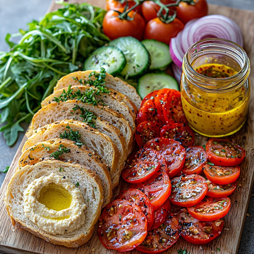 Ciabatta bread sliced in half with a rustic crust and soft crumb, an open jar or small bowl of creamy beige hummus with a smooth texture, vibrant roasted red peppers sliced into thin strips showing glossy, slightly wrinkled skin, fresh cucumber rounds glistening with moisture and bright green skin, ripe red tomato slices with juicy interiors and seeds visible, thinly sliced translucent red onion rings arranged delicately, crumbled white feta cheese with a slightly crumbly texture scattered loosely, a small pile of mixed greens and arugula in varying shades of deep and light greens adding freshness, a small drizzle of golden olive oil next to a tiny glass container of dark balsamic vinegar, and a small dish with coarse Italian seasoning herbs. All ingredients neatly spaced on a clean, light wood or white surface, enhanced by natural soft lighting to emphasize vibrant colors and contrasting textures, styled with minimal shadows and subtle depth, overhead shot, top down view, flat lay photography, professional food styling --ar 1:1 --q 2 --s 750 --v 6.1