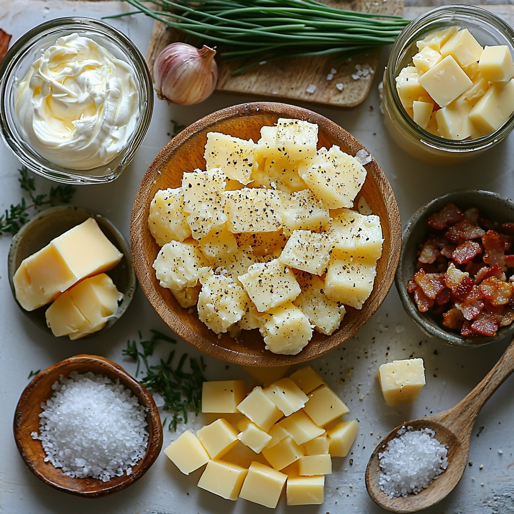 Russet potatoes chopped into rustic cubes, a whole yellow onion finely chopped with vibrant layers visible, peeled garlic cloves and minced garlic scattered nearby, a small glass bowl of golden unsalted butter, a measuring cup filled with clear golden chicken stock, coarse salt crystals and cracked black peppercorns artistically sprinkled on the surface, a small pitcher of rich heavy cream with creamy texture, a dollop of thick white sour cream on a ceramic spoon, two small bowls side by side filled with sharp shredded cheddar cheese and mild shredded cheddar cheese showcasing bright orange and pale yellow hues, crispy cooked bacon crumbles with reddish-brown crispy texture, a small bunch of fresh green chives finely sliced with a vibrant pop of color; all ingredients carefully arranged on a clean white matte surface with natural soft lighting creating gentle shadows, subtle flourishes of fresh herbs and rustic wooden spoons adding warmth and authenticity, emphasis on varied textures from creamy to crunchy, vibrant colors from neutral potatoes to vivid greens and reds, overhead shot, top down view, flat lay photography, professional food styling --ar 1:1 --q 2 --s 750 --v 6.1