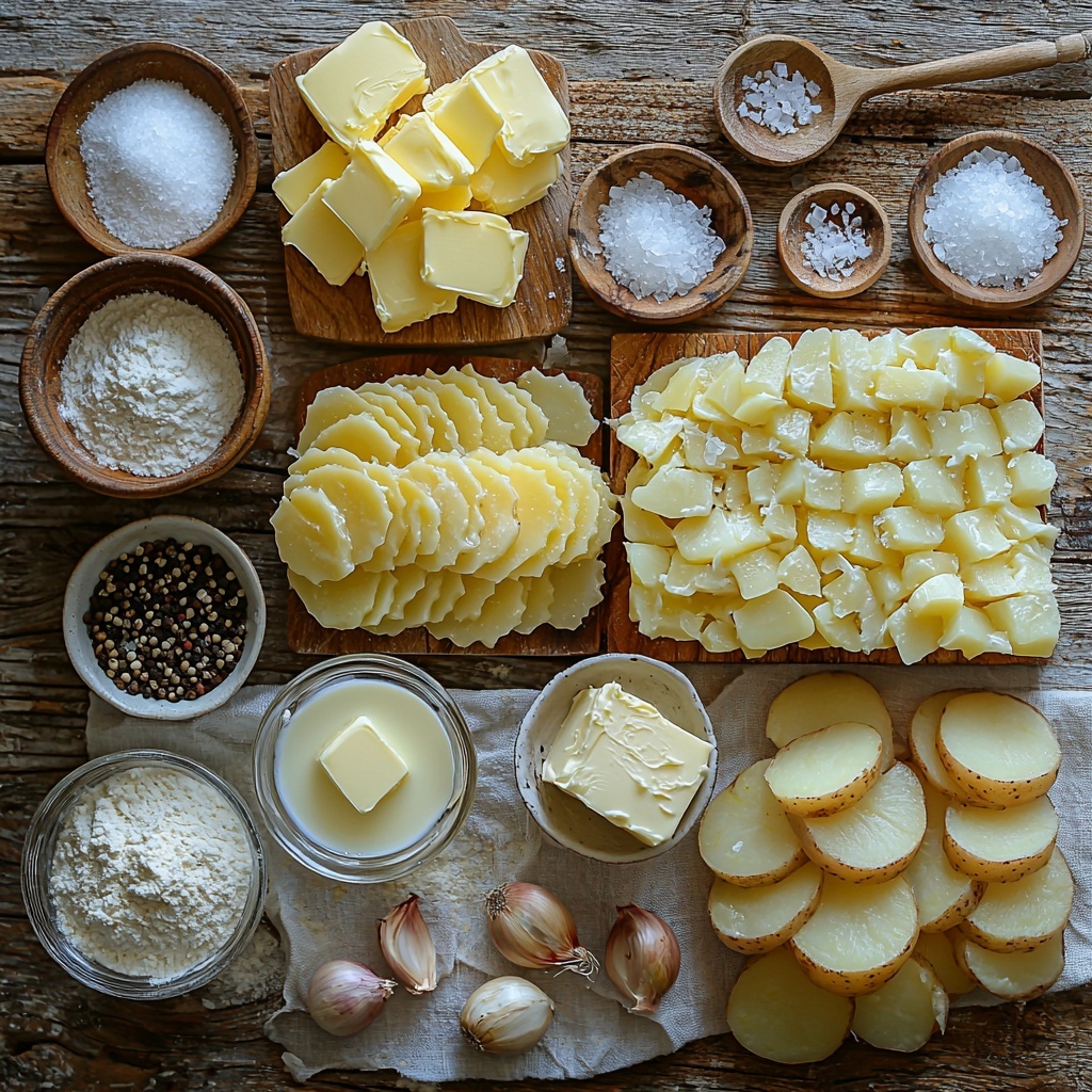 A clean white wooden surface with all the main ingredients for scalloped potatoes artfully arranged: a small vintage glass bowl of pale yellow salted butter, a neatly diced pile of golden yellow onion pieces next to two peeled garlic cloves finely minced on a small white ceramic dish, a small heap of fine white all-purpose flour on a rustic linen napkin, a clear glass measuring cup filled with creamy white milk, a small clear bowl of light golden chicken broth, a tiny bowl of coarse sea salt crystals beside a small dish of cracked black pepper, and a fanned-out stack of thinly sliced Yukon gold potatoes showing their warm yellow flesh with smooth skin textures. The ingredients are spaced evenly, with natural daylight casting soft shadows, minimalistic styling emphasizing fresh textures and warm earthy tones, a neutral background to highlight colors, styled with subtle kitchen props like wooden spoons and parchment paper fragments. overhead shot, top down view, flat lay photography, professional food styling --ar 1:1 --q 2 --s 750 --v 6.1