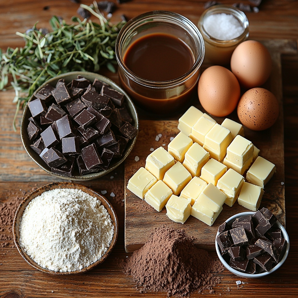 butter sticks softened, white granulated sugar in a small glass bowl, light brown soft brown sugar in another bowl, fresh whole brown eggs with smooth shells, a small glass jug of golden vanilla extract, white all-purpose flour in a neat pile, pale ivory cake flour sifted into a small mound, dark brown cocoa powder dusted lightly on a rustic ceramic plate, coarse white sea salt sprinkle in a tiny dish, glossy semi-sweet chocolate chunks scattered artistically, optional golden caramel dulce de leche in a small clear jar with a wooden spoon, ingredients arranged neatly on a clean white wooden surface, natural soft daylight casting gentle shadows, contrasting textures of smooth butter, grainy sugars, powdery flours, glossy chocolate, warm rustic and minimalist styling, touches of greenery for freshness, overhead shot, top down view, flat lay photography, professional food styling --ar 1:1 --q 2 --s 750 --v 6.1