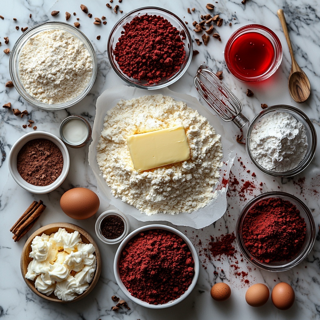 red velvet cookie ingredients flat lay on a clean white marble surface, featuring neatly arranged mounds of all-purpose flour, granulated sugar, cocoa powder, baking soda in small white ceramic bowls, a stick of softened unsalted butter on parchment paper, a cracked large egg in a clear glass bowl, a small glass dish of vanilla extract, vibrant red liquid food coloring in a tiny glass jar, a bowl of smooth cream cheese, powdered sugar in a fine mesh sieve, and a teaspoon of baking soda as a sprinkle, soft natural lighting highlighting the rich reds and creamy whites, subtle shadows for depth, utensils like a metal whisk and wooden spoon placed casually nearby, minimalistic and elegant styling with negative space around each ingredient, warm inviting tones, overhead shot, top down view, flat lay photography, professional food styling --ar 1:1 --q 2 --s 750 --v 6.1