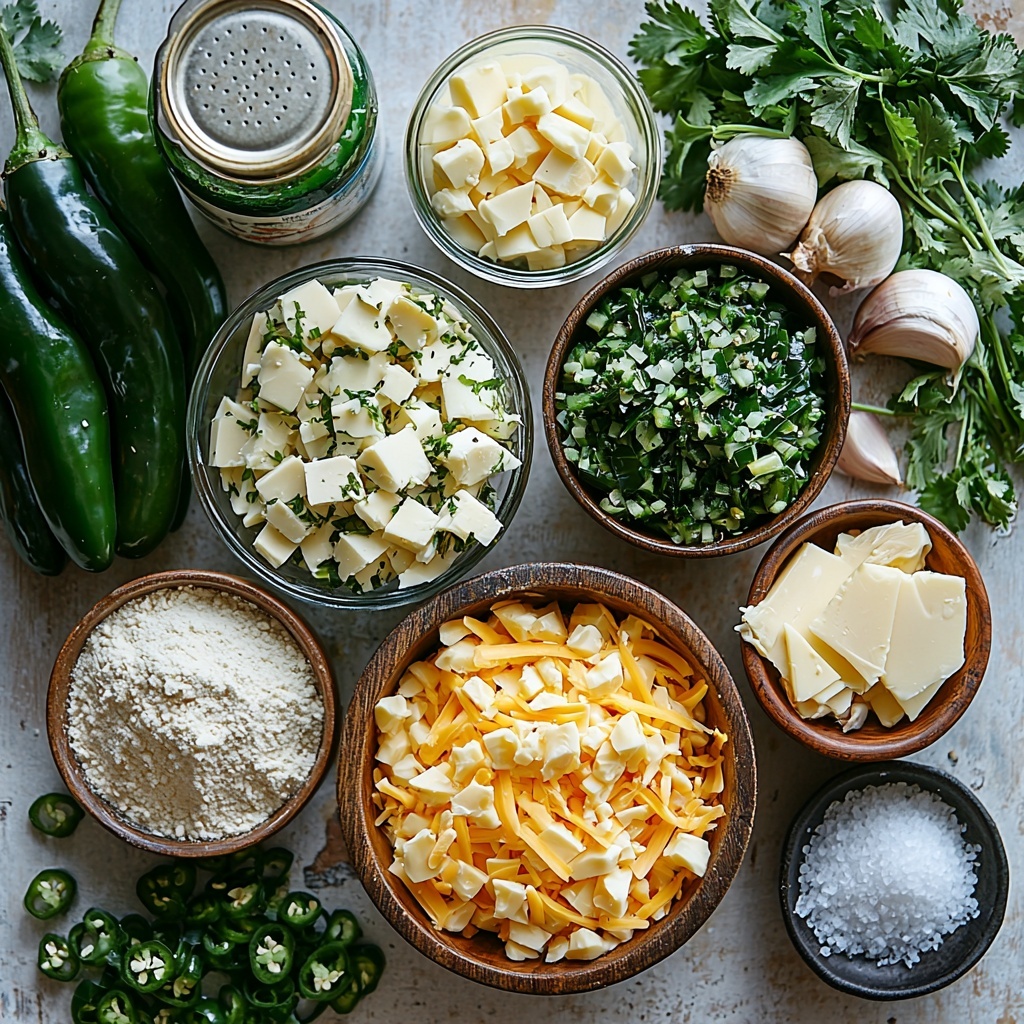 A clean white surface with a rustic wooden bowl of charred and chopped deep green poblano peppers, a small vintage can open with bright diced green chiles spilling slightly, a glass bowl with finely diced translucent yellow onion, three peeled garlic cloves with smooth white skin, a small ramekin of creamy pale yellow unsalted butter, a small cup of all-purpose flour with soft white powder texture, a clear measuring cup filled with golden chicken broth, a small jug of silky off-white heavy cream, two piles of shredded cheese showcasing contrasting colors and textures—one mound of creamy Monterey Jack white cheese, the other sharp cheddar with vibrant orange hues, a bowl of tender shredded cooked chicken with warm beige tones (optional), a small wooden dish with coarse salt crystals, a tiny black bowl of freshly ground black pepper, and a bunch of vibrant fresh cilantro leaves along with sliced green onion stalks adding lively green accents, all arranged neatly with balanced spacing on the surface, highlighted by natural soft daylight creating gentle shadows and enhancing textures, shot from directly overhead with a modern, minimalist aesthetic, overhead shot, top down view, flat lay photography, professional food styling --ar 1:1 --q 2 --s 750 --v 6.1