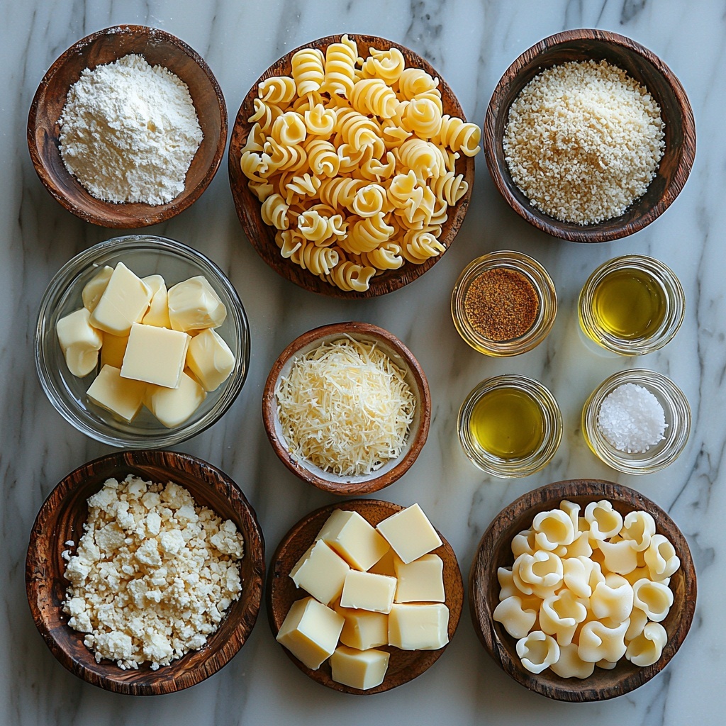 /Imagine a flat lay photography of the main ingredients for stovetop mac and cheese artfully arranged on a clean white marble surface. Three tablespoons of golden butter in a small ceramic dish, next to three tablespoons of fine all-purpose flour in a rustic wooden bowl. A clear glass measuring cup filled with 3 cups of fresh water placed beside a tall glass jug of creamy white milk. One pound of uncooked elbow pasta scattered loosely in a small mound showcasing its smooth curved shape and pale yellow color. Small white porcelain spoons holding teaspoon amounts of garlic powder and ground mustard, with a tiny heap of salt crystals and a pinch of ground black pepper nearby, their fine powders contrasting against the smooth surface. Three clear bowls containing 4 cups shredded sharp white cheddar cheese with its rich creamy yellow-orange hues, ½ cup grated Parmesan cheese with its granular off-white texture, and ¼ cup soft, stretchy mozzarella cheese. Finally, a small bowl of golden crispy panko breadcrumbs speckled with paprika’s warm red hue resting beside a small glass dish of rich green olive oil. The ingredients are spaced thoughtfully with natural light casting soft shadows, highlighting the varied textures from smooth liquids to rough breadcrumbs and fluffy cheeses. Overhead shot, top down view, flat lay photography, professional food styling --ar 1:1 --q 2 --s 750 --v 6.1