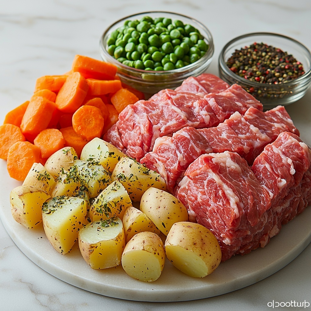 corned beef brisket with spice packet, large green cabbage wedges, peeled and chunked medium carrots, halved small potatoes, peeled and quartered large onion, clear glass bowl with water or beef broth, all ingredients neatly arranged on a clean white marble surface, vibrant colors with deep pink corned beef, rich green cabbage, bright orange carrots, creamy beige potatoes, and pale white onion, rustic yet polished styling with natural soft lighting highlighting textures and freshness, slight shadows for depth, minimal props to keep focus on ingredients, overhead shot, top down view, flat lay photography, professional food styling --ar 1:1 --q 2 --s 750 --v 6.1