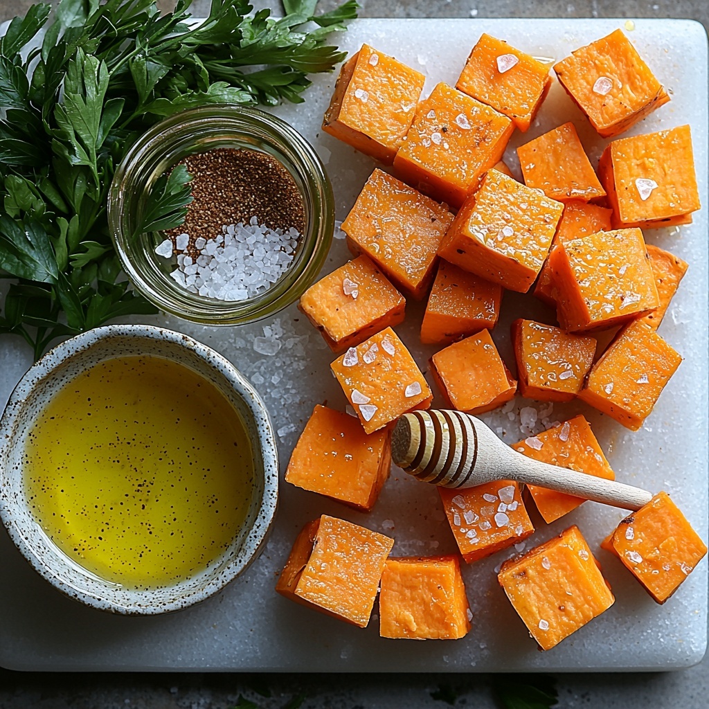 A clean white surface with the main ingredients artfully arranged for a flat lay photo: bright red-skinned sweet potatoes cut into irregular 1-inch chunks, showcasing their vibrant orange flesh; a small rustic bowl of golden olive oil with a subtle sheen; a scattering of warm brown cumin seeds in a tiny ceramic dish; fine off-white granulated garlic powder elegantly sprinkled beside a delicate white ceramic spoon; a mound of fine sea salt crystals shimmering softly; a small heap of vibrant red cayenne pepper powder adding a pop of bold color; and a small glass jar of golden honey with a wooden honey dipper resting gently on the side. The ingredients are spaced with balanced negative space on the clean surface, styled with natural soft lighting that enhances their textures and colors, casting gentle shadows for depth. Overhead shot, top down view, flat lay photography, professional food styling --ar 1:1 --q 2 --s 750 --v 6.1