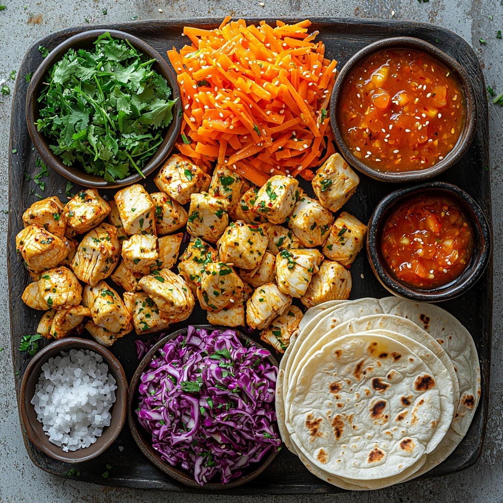 A vibrant flat lay of all the main ingredients for Firecracker Chicken Wraps arranged neatly on a clean white surface: tender, bite-sized pieces of cooked boneless, skinless chicken breast glazed with glossy, bright red firecracker sauce in a small rustic bowl; a small dish of golden olive oil glistening under soft light; fresh, crisp coleslaw mix showcasing shredded green and purple cabbage and pale white carrots; finely chopped bright green onions scattered artfully; a pile of vivid orange shredded carrots adding texture and color contrast; four large, soft, pale beige flour tortillas stacked slightly fanned out; small bowls with salt and pepper grains for seasoning; optional garnishes including fresh, deep green cilantro sprigs and tiny black and white sesame seeds sprinkled delicately nearby; additional firecracker sauce in a small dipping bowl with a smooth, silky surface. The composition highlights a harmonious balance of colors—reds, greens, oranges, and neutrals—with varied textures from smooth sauces to crisp vegetables, styled with clean, minimalist plating, natural lighting to enhance freshness, subtle shadows for depth, and negative space framing the ingredients elegantly. overhead shot, top down view, flat lay photography, professional food styling --ar 1:1 --q 2 --s 750 --v 6.1
