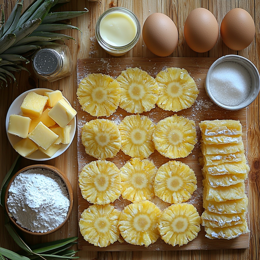 A beautifully styled flat lay of key ingredients for a pineapple tarte Tatin with coconut and lemongrass ice cream, arranged neatly on a clean, light wooden surface. Include a medium fresh pineapple, peeled and sliced into bright yellow rounds with natural texture and juicy edges; a small white bowl with granulated sugar crystals sparkling under soft light; several cubes of pale, creamy unsalted butter positioned beside the sugar; a sheet of golden puff pastry, delicately folded and showing flaky layers; a glossy can of full-fat coconut milk with a smooth white pour visible; a glass measuring cup filled halfway with rich, thick heavy cream; two long, fresh lemongrass stalks trimmed and crushed, showcasing green and pale purple hues and fibrous texture; a small bowl with fine white sugar for the ice cream; a vanilla bean or bottle emphasizing vanilla extract; and four large bright orange egg yolks in a transparent glass bowl, their smooth surface catching light. Arrange ingredients with some spacing, natural shadows, and a balance of colors and textures—smooth, flaky, fibrous, creamy, and crystalline—to create an inviting, fresh, and artisanal feel. Include rustic white ceramic bowls and elegant glassware to enhance the visual appeal. The overall palette is warm yellows, creamy whites, soft greens, and natural wood tones, with soft natural lighting highlighting details and textures. overhead shot, top down view, flat lay photography, professional food styling --ar 1:1 --q 2 --s 750 --v 6.1