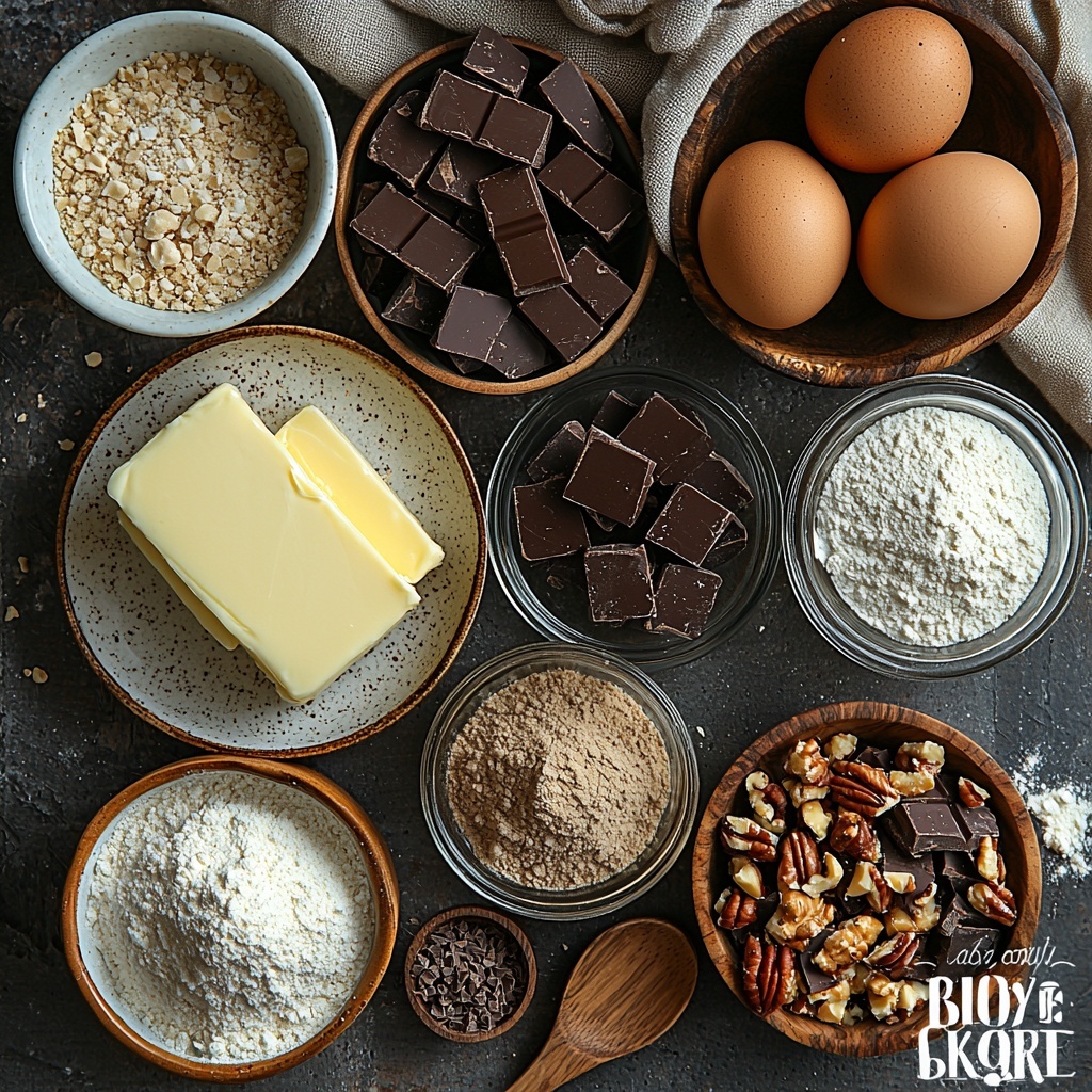 A clean, bright surface with all the main ingredients for bakery-style chocolate chip cookies arranged neatly: a block of unsalted butter softened and slightly glossy, a small bowl of white granulated sugar sparkling under soft light, another bowl with packed light brown sugar showing rich caramel tones and a slightly moist texture, two large brown eggs with smooth shells placed next to a small glass dish of clear vanilla extract, a white bowl filled with fluffy all-purpose flour dusted lightly around the edges, a small ramekin containing fine white baking powder and baking soda powders side by side, a pinch bowl of coarse white salt grains, a rustic bowl overflowing with semi-sweet chocolate chunks showing dark brown and glossy textures, and a small wooden bowl with chopped walnuts or pecans adding natural brown, rough textures. The ingredients are spaced evenly, some on small ceramic plates and others in glass containers, with gentle natural daylight highlighting warm tones and subtle shadows for depth. Minimalist styling includes natural linen napkins, a wooden spoon, and a light sprinkle of flour scattered artistically around, creating a cozy, inviting atmosphere. Overhead shot, top down view, flat lay photography, professional food styling --ar 1:1 --q 2 --s 750 --v 6.1