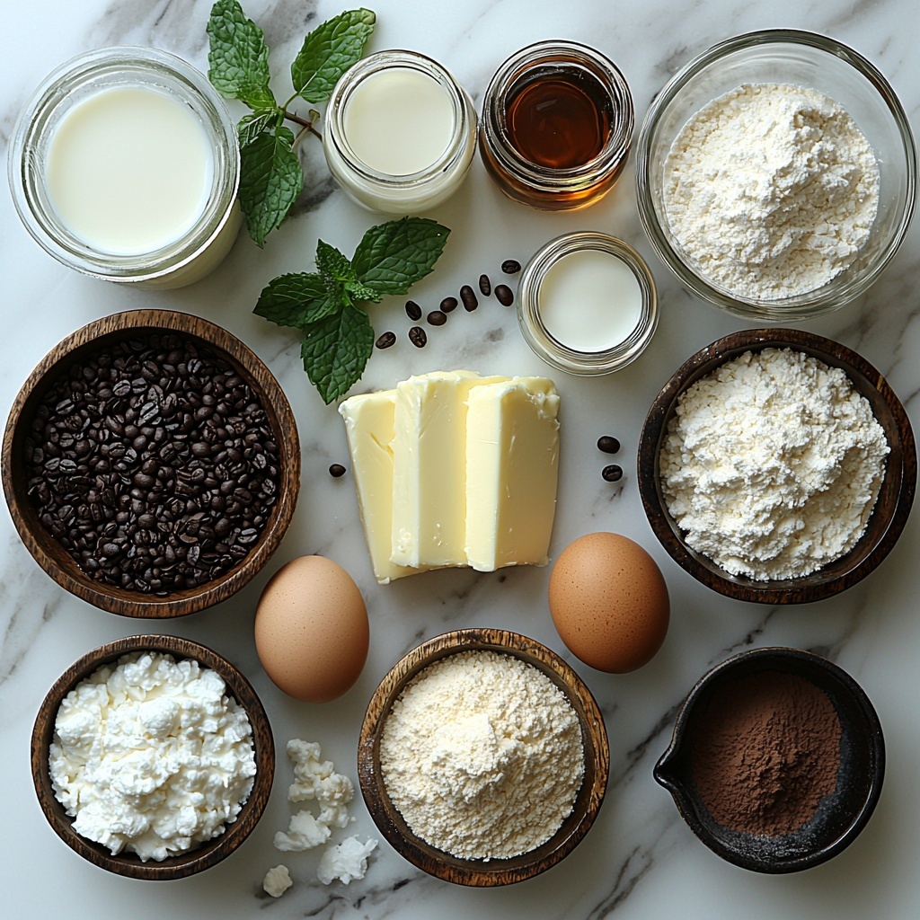unsalted butter sticks, creamy pale yellow, placed on a small wooden butter dish; granulated white sugar in a small glass bowl sparkling under soft light; three large brown eggs with smooth shells arranged in a neat row; a small glass jar of golden vanilla extract with a wooden cork; sour cream in a white ceramic bowl, thick and smooth texture; whole milk in a clear glass pitcher, milky white; brewed coffee in a transparent mug, dark rich brown with slight reflection; all-purpose flour in a shallow white bowl, fine powdery texture; unsweetened cocoa powder in a black ceramic bowl, deep matte dark brown with velvety surface; small glass bowls with baking powder, baking soda, and salt, each labeled and showing their fine granular textures; powdered sugar in a larger white bowl, light and fluffy; additional small glass bowl with whole milk for glaze, creamy and glossy; vanilla extract in a tiny vintage bottle with a cork stopper; pinch of salt in a wooden salt cellar; all ingredients carefully spaced on a clean white marble surface with soft natural light casting gentle shadows, garnished subtly with a sprig of fresh mint for a pop of green, minimalistic and elegant styling emphasizing textures and natural colors, slight reflections enhancing glass and ceramic surfaces, overhead shot, top down view, flat lay photography, professional food styling --ar 1:1 --q 2 --s 750 --v 6.1