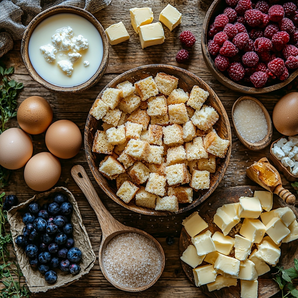 A clean, light wooden surface with the main ingredients for overnight French toast artfully arranged in a spacious flat lay style. Include a rustic, cubed loaf of day-old French bread stacked loosely in a small wooden bowl and scattered cubes nearby, showcasing the crusty, golden textures. A clear glass measuring cup filled with creamy whole milk, positioned next to a dozen large brown eggs in an open carton, some eggs cracked open with vibrant yellow yolks visible. A small bowl with packed light brown sugar, showing its moist, grainy texture, alongside a wooden spoon dusted with warm cinnamon powder. A tiny dish with kosher salt crystals, and a small plate of cubed salted butter, soft and pale yellow. Nearby, a mixing bowl with a crumbly topping mixture of flour, butter, and brown sugar, with a pastry cutter resting casually inside. Finally, a mound of fresh and slightly frosted mixed berries—blueberries, raspberries, and blackberries—adding pops of deep blues, reds, and purples. Natural soft light casting gentle shadows, minimal props in neutral tones, some rustic linen fabric edges peeking in to add warmth and depth. The arrangement balances color, texture, and shape harmoniously with ample negative space for a clean, inviting look. overhead shot, top down view, flat lay photography, professional food styling --ar 1:1 --q 2 --s 750 --v 6.1