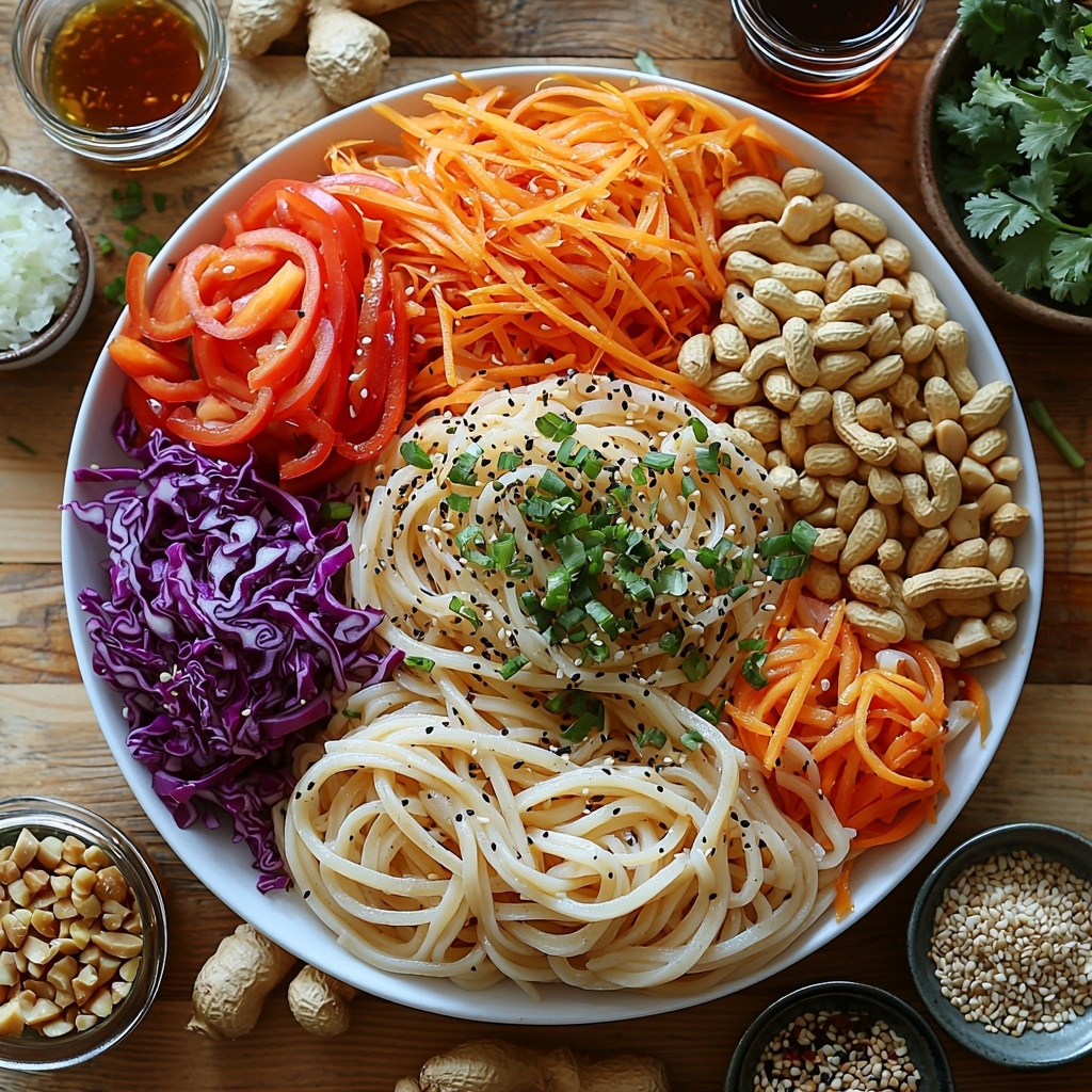 8 ounces cooked udon noodles coiled loosely on a clean white ceramic plate, surrounded by small bowls and piles of vibrant fresh ingredients on a light wood surface; finely shredded bright orange carrot, thinly sliced crisp red bell pepper strips, delicate piles of deep purple shredded red cabbage, roughly chopped fresh green cilantro leaves, thinly sliced green onions with vivid white and green sections, thin rounds of bright red Fresno chili, a small heap of chopped golden-brown peanuts, a small bowl of glossy dark soy sauce, a clear glass dish with pale rice vinegar, a small jar of rich amber sesame oil, a spoonful of thick golden honey, a small splash of vivid red Sriracha sauce, a fresh root piece with grated pale yellow ginger, a garlic clove next to some finely grated white garlic, and a dollop of creamy light brown crunchy peanut butter on a rustic spoon; ingredients arranged in a balanced yet casual manner to showcase textures and colors, natural soft daylight, subtle shadows, minimalistic clean styling, slight overhead angle emphasizing variety and freshness, sharp focus, muted neutral background for contrast, overhead shot, top down view, flat lay photography, professional food styling --ar 1:1 --q 2 --s 750 --v 6.1