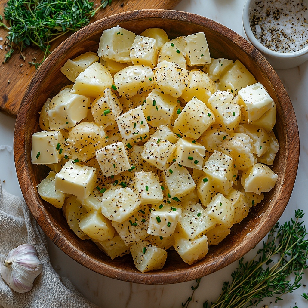Yukon gold and russet potatoes, peeled and quartered, arranged in a rustic wooden bowl; a small glass bowl of unsalted butter, partially melted and creamy; fresh garlic cloves, some whole and some minced on a wooden cutting board; a small saucepan with warm heavy cream gently steaming; scattered fresh herbs including finely chopped bright green chives, thyme sprigs, and sage leaves; a small white ramekin with salt crystals and another with coarse ground black pepper; all ingredients laid out neatly on a clean white marble countertop with soft natural light, subtle shadows highlighting the creamy and fresh textures, a light linen napkin nearby adding warmth, minimalistic yet inviting styling, focus on vibrant colors and varied textures overhead shot, top down view, flat lay photography, professional food styling --ar 1:1 --q 2 --s 750 --v 6.1