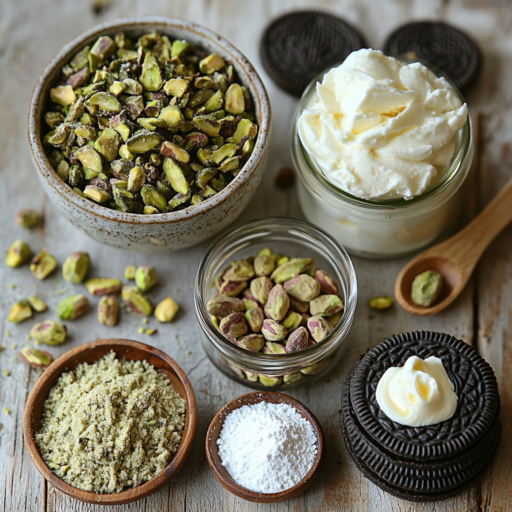 Pistachios (shelled and toasted) in a small rustic bowl, crushed sandwich cookies (dark chocolate Oreos) in a clear glass jar with some crumbs spilled artistically beside it, finely ground pistachios in a small white ceramic dish showcasing their vibrant green color and fine texture, melted unsalted butter in a small glass measuring cup catching the light, smooth and creamy full-fat cream cheese in a soft white bowl with a silver spoon, fluffy whipped cream in a clear bowl with soft peaks, a small bowl of powdered sugar dusted lightly on the surface, a tiny glass jar of vanilla extract with a dark amber hue, a wooden spoon resting near a small dish of homemade pistachio paste showing its natural greenish-brown nutty texture, a few chopped pistachios scattered casually across the arrangement for texture contrast. All ingredients are arranged neatly on a clean, light-colored wooden surface that enhances the natural colors of the food. Soft natural light coming from the side creates gentle shadows and highlights the textures, with minimal props to maintain focus on the ingredients. Overhead shot, top down view, flat lay photography, professional food styling --ar 1:1 --q 2 --s 750 --v 6.1