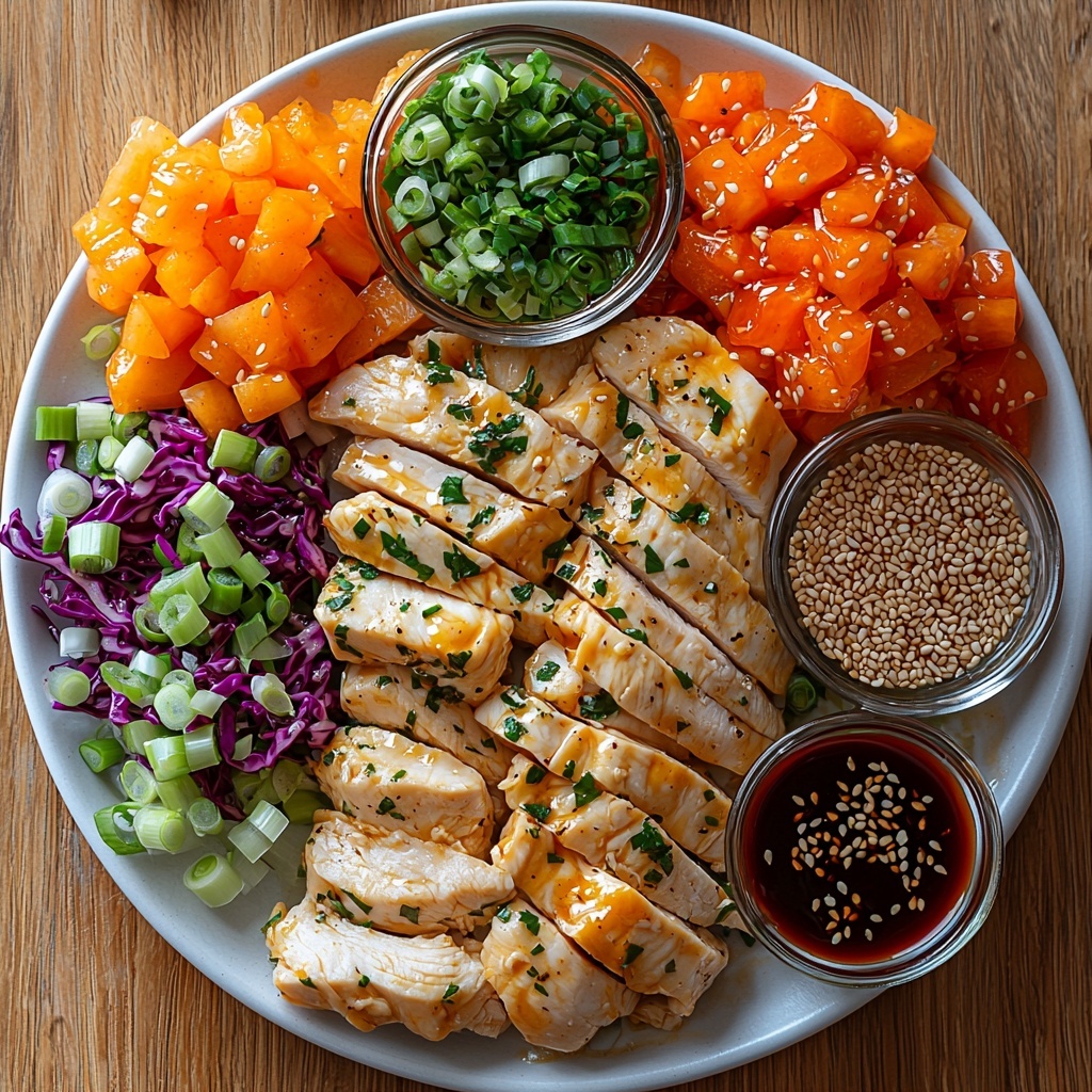 boneless skinless chicken breasts thinly sliced arranged neatly on a white ceramic plate, small glass bowls containing glossy teriyaki sauce, golden sesame oil, dark low-sodium soy sauce, finely minced garlic cloves, fresh grated ginger root pieces, vibrant coleslaw mix with shredded green cabbage and bright orange carrots loosely piled, thinly sliced green onions scattered artistically nearby, a small bowl of tangy rice vinegar, drizzle of sticky honey in a spoon, a neat stack of pale yellow wonton wrappers with delicate edges, a bowl of glossy red sweet chili sauce, small dish of toasted sesame seeds, fresh chopped cilantro leaves bright green and fresh sprinkled delicately, all placed on a clean, light wooden surface with soft natural lighting casting gentle shadows, colors vivid and textures contrasting to highlight freshness and variety, styled minimalistically with subtle rustic accents, overhead shot, top down view, flat lay photography, professional food styling --ar 1:1 --q 2 --s 750 --v 6.1